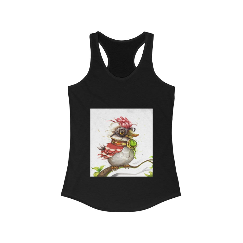 A stylish women's racerback tank top featuring a unique bird print, designed for comfort and a flattering fit.