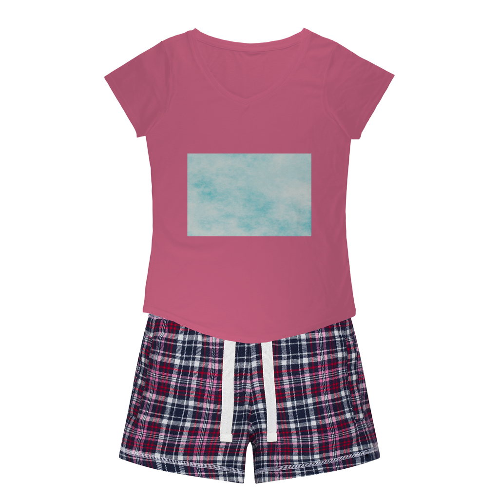 Women's Sleepy Tee and Flannel Short set featuring a relaxed fit T-shirt and vibrant flannel shorts, perfect for cozy nights.