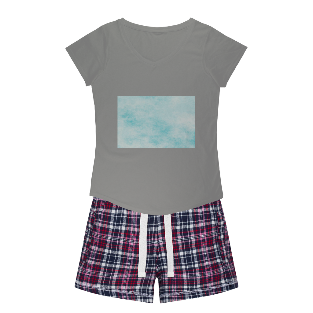 Women's Sleepy Tee and Flannel Short set featuring a relaxed fit T-shirt and vibrant flannel shorts, perfect for cozy nights.