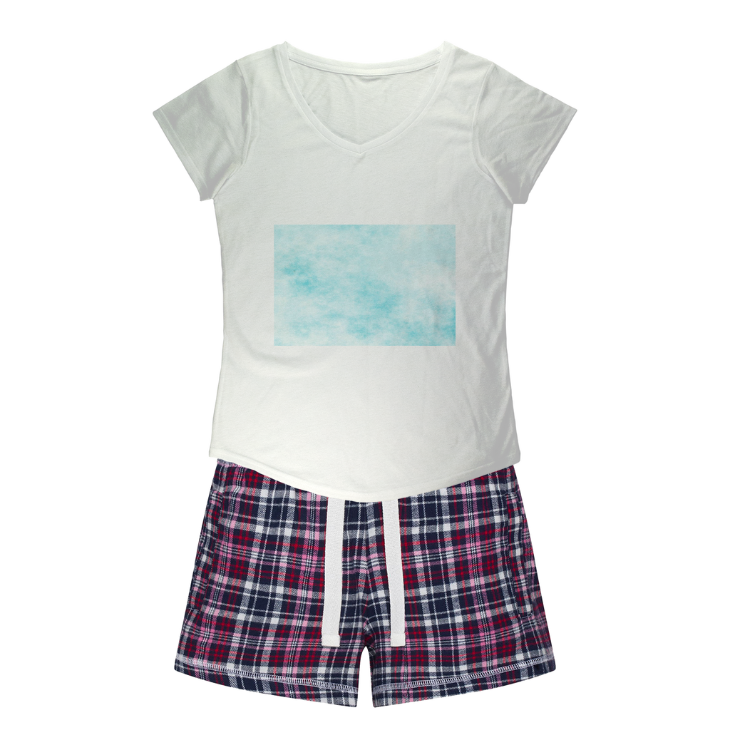 Women's Sleepy Tee and Flannel Short set featuring a relaxed fit T-shirt and vibrant flannel shorts, perfect for cozy nights.