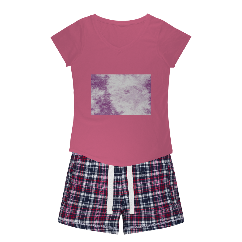 Women's Sleepy Tee and Flannel Shorts Set featuring a relaxed fit T-shirt and colorful flannel shorts, perfect for comfortable nightwear.