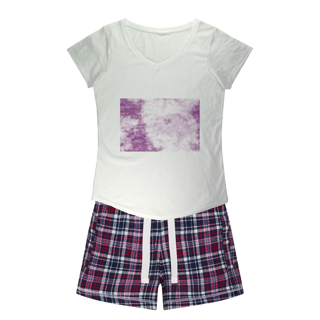 Women's Sleepy Tee and Flannel Shorts Set featuring a relaxed fit T-shirt and colorful flannel shorts, perfect for comfortable nightwear.