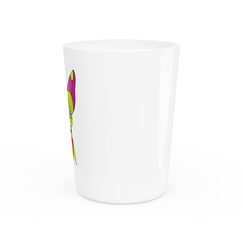 A personalized Phaff Shot Glass made of white ceramic, featuring a customizable design with a black interior.