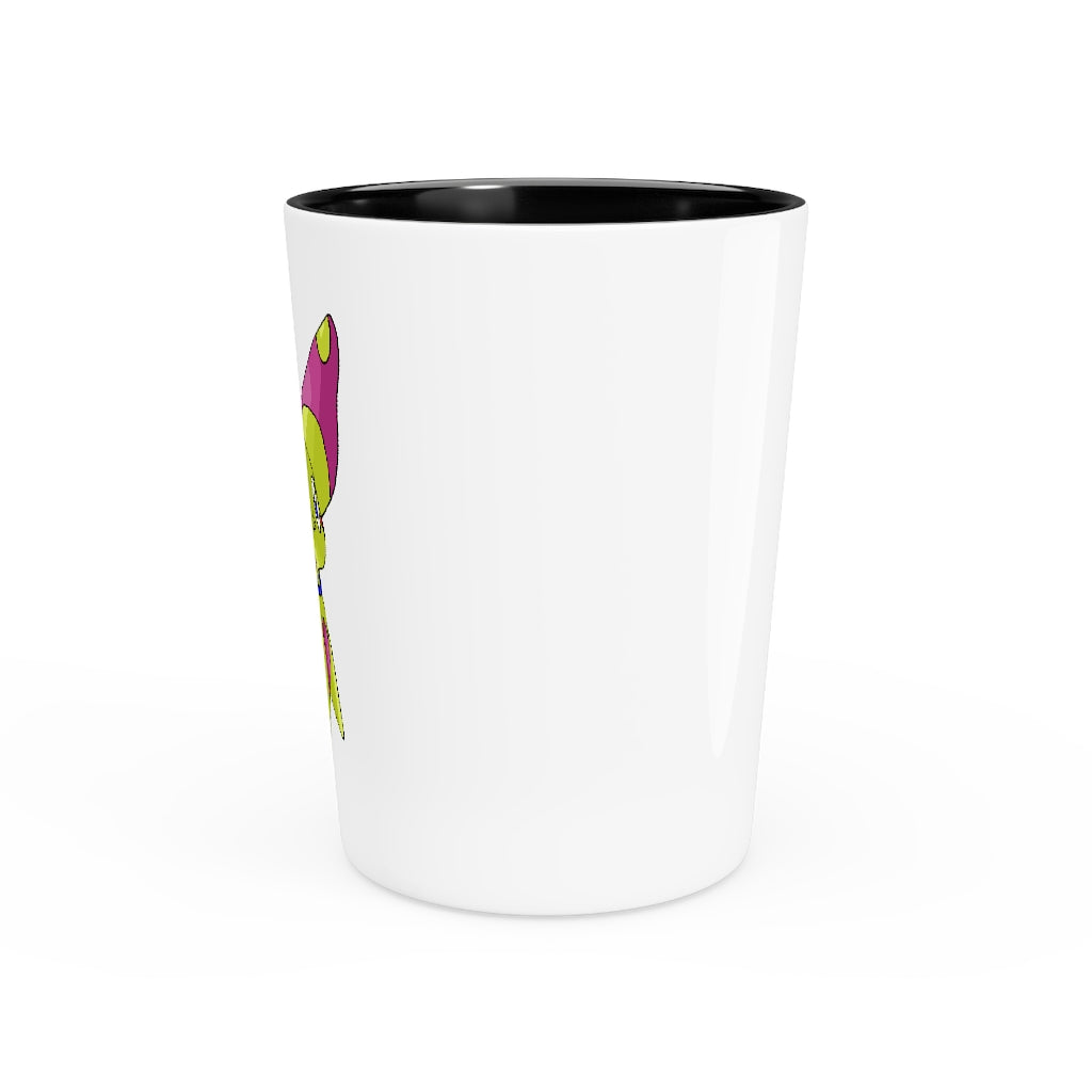 A personalized Phaff Shot Glass made of white ceramic, featuring a customizable design with a black interior.