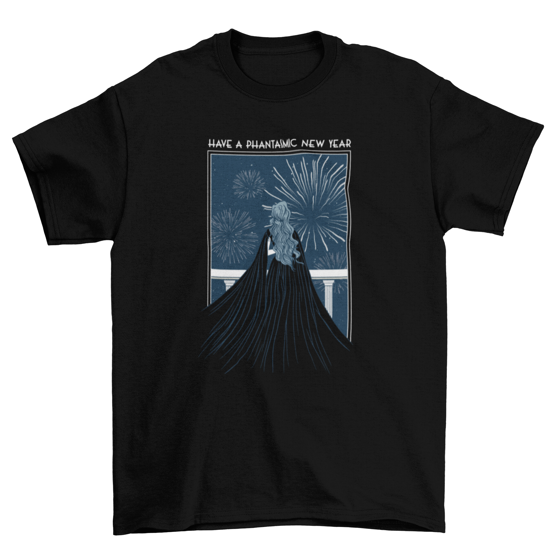 Phantasmic New Year T-shirt featuring a woman on a balcony with an inspirational caption.