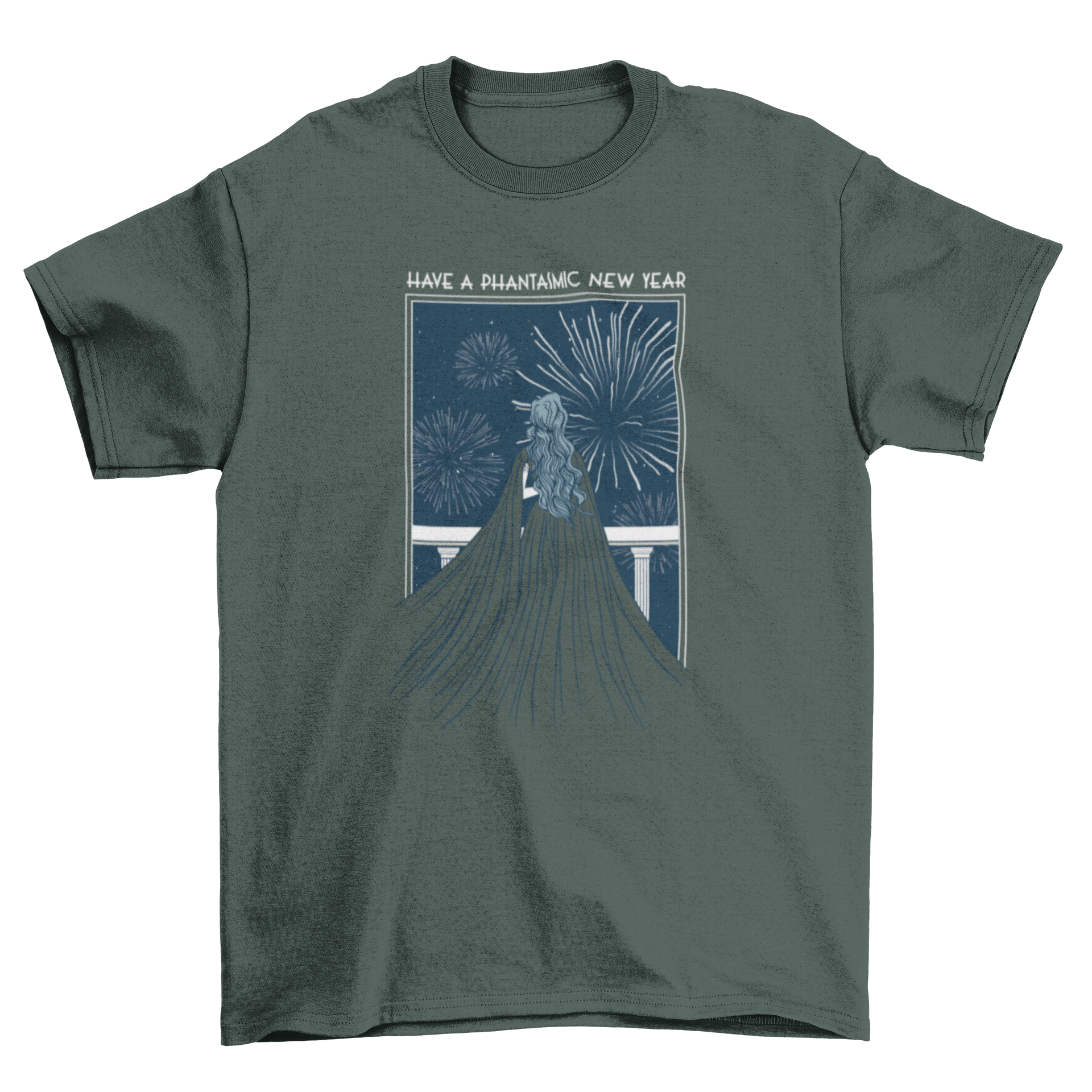 Phantasmic New Year T-shirt featuring a woman on a balcony with an inspirational caption.