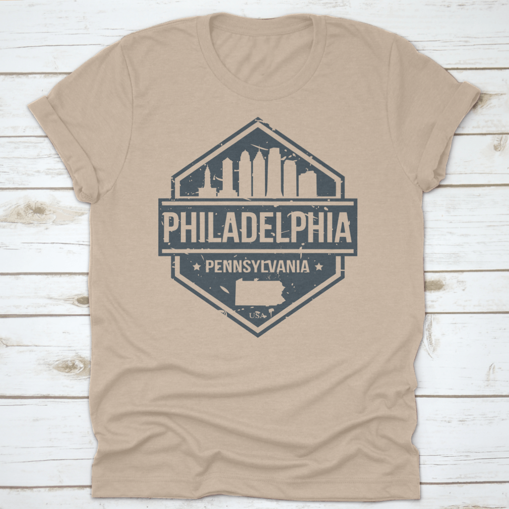 Philadelphia skyline design badge made of 100% cotton, featuring iconic city landmarks.