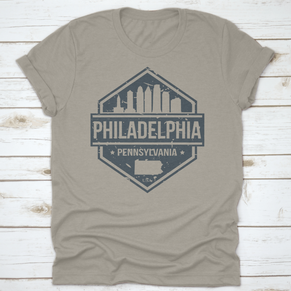 Philadelphia skyline design badge made of 100% cotton, featuring iconic city landmarks.