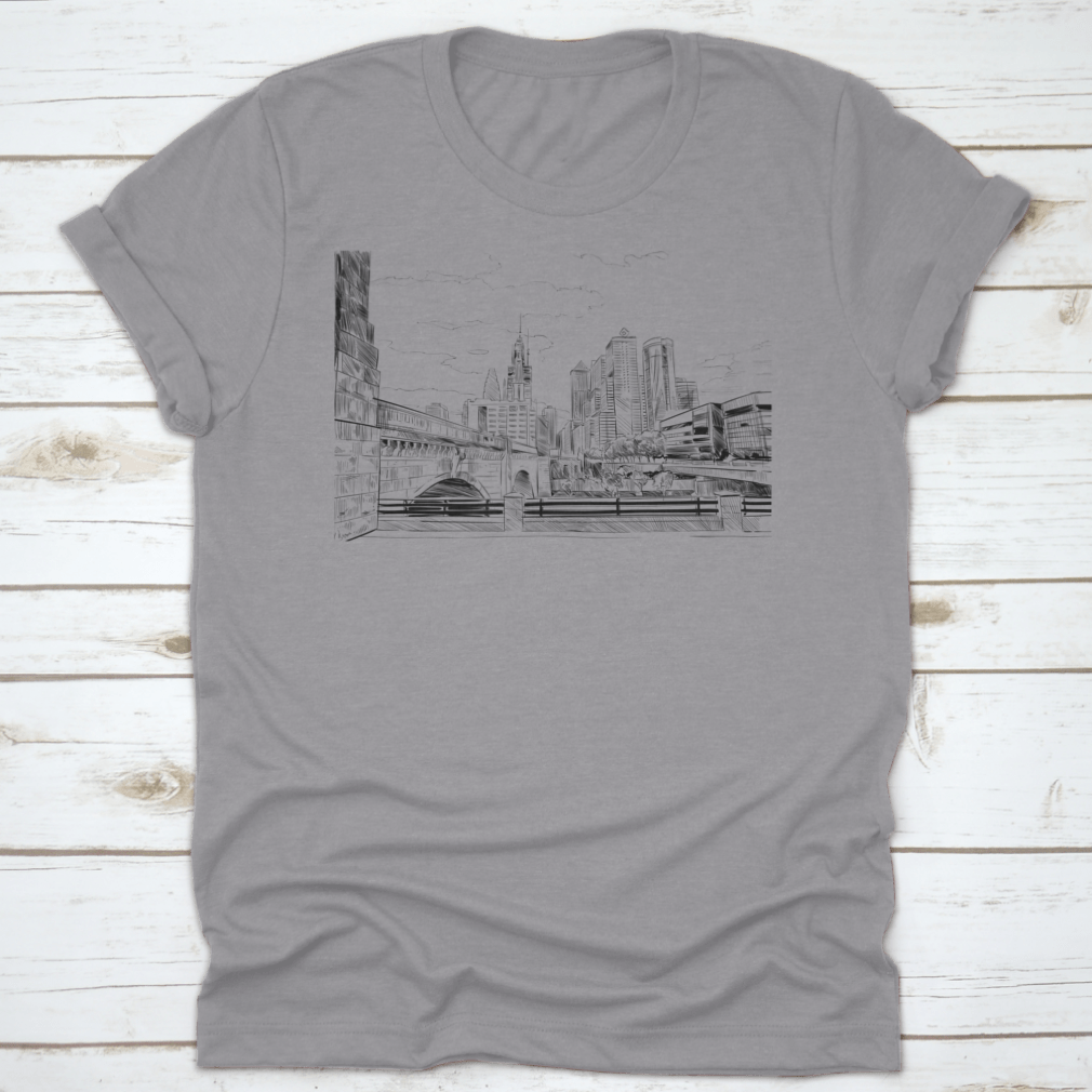 A hand-drawn street sketch of Philadelphia, Pennsylvania, featured on a comfortable t-shirt made from 100% cotton.