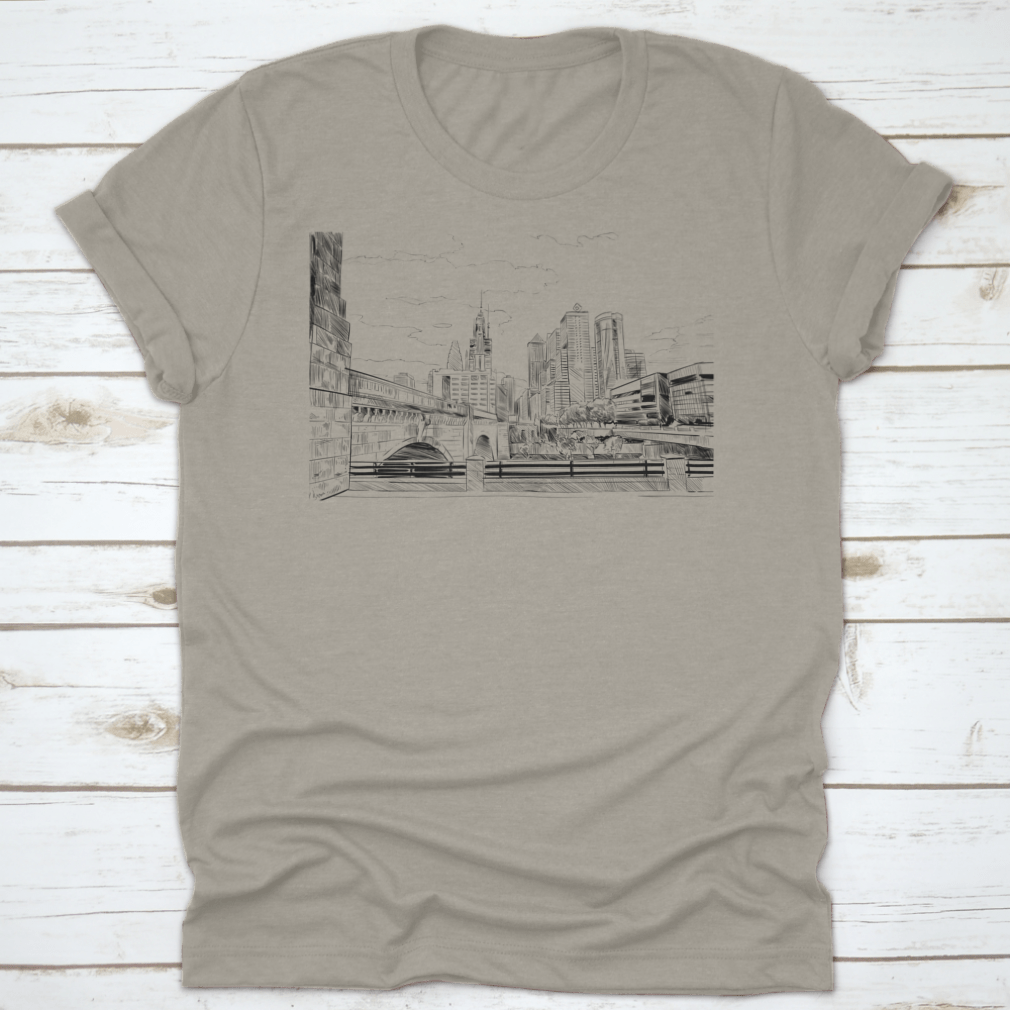 A hand-drawn street sketch of Philadelphia, Pennsylvania, featured on a comfortable t-shirt made from 100% cotton.