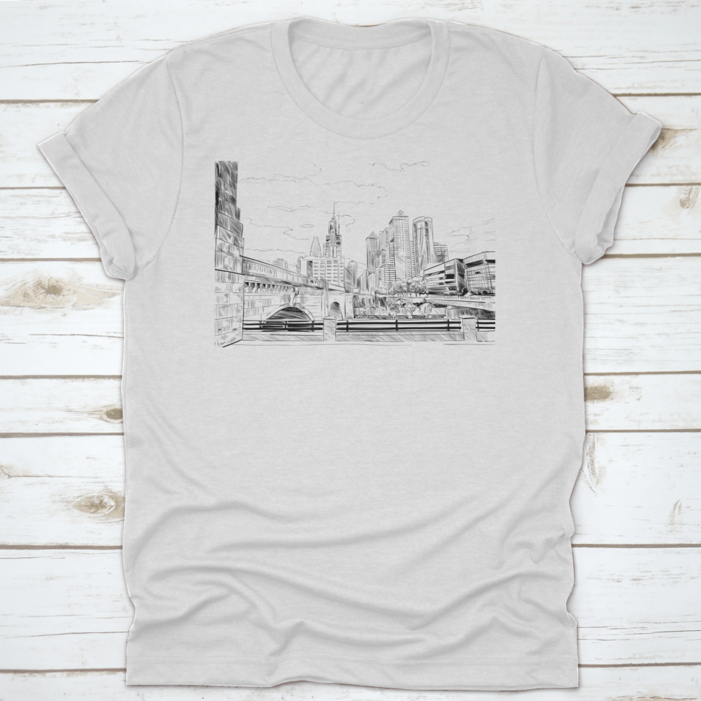 A hand-drawn street sketch of Philadelphia, Pennsylvania, featured on a comfortable t-shirt made from 100% cotton.