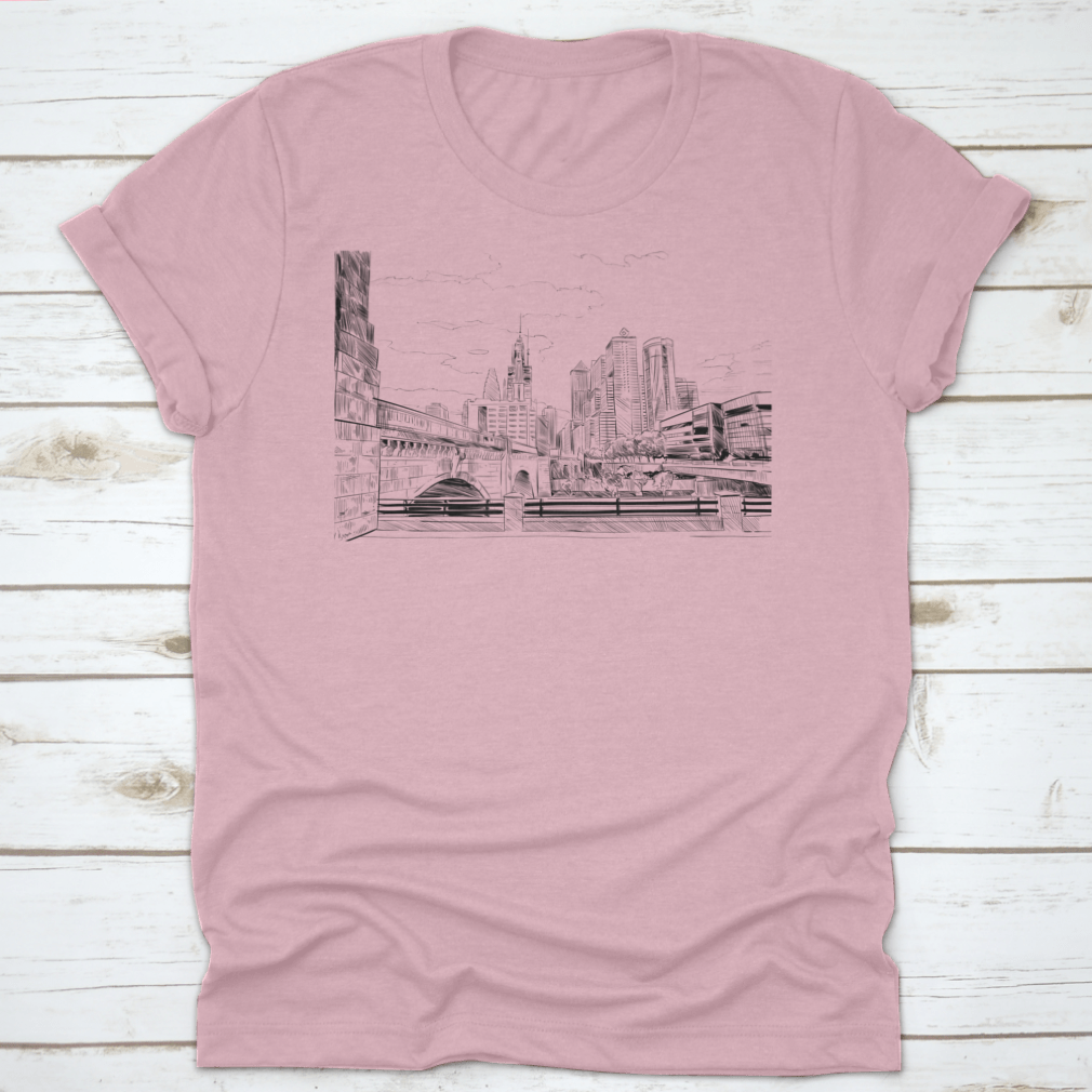 A hand-drawn street sketch of Philadelphia, Pennsylvania, featured on a comfortable t-shirt made from 100% cotton.