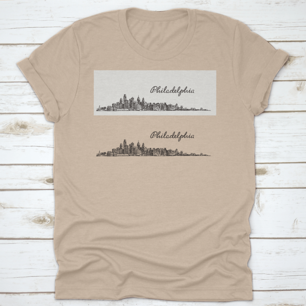 Vintage engraved vector design of the Philadelphia skyline showcasing iconic architecture.