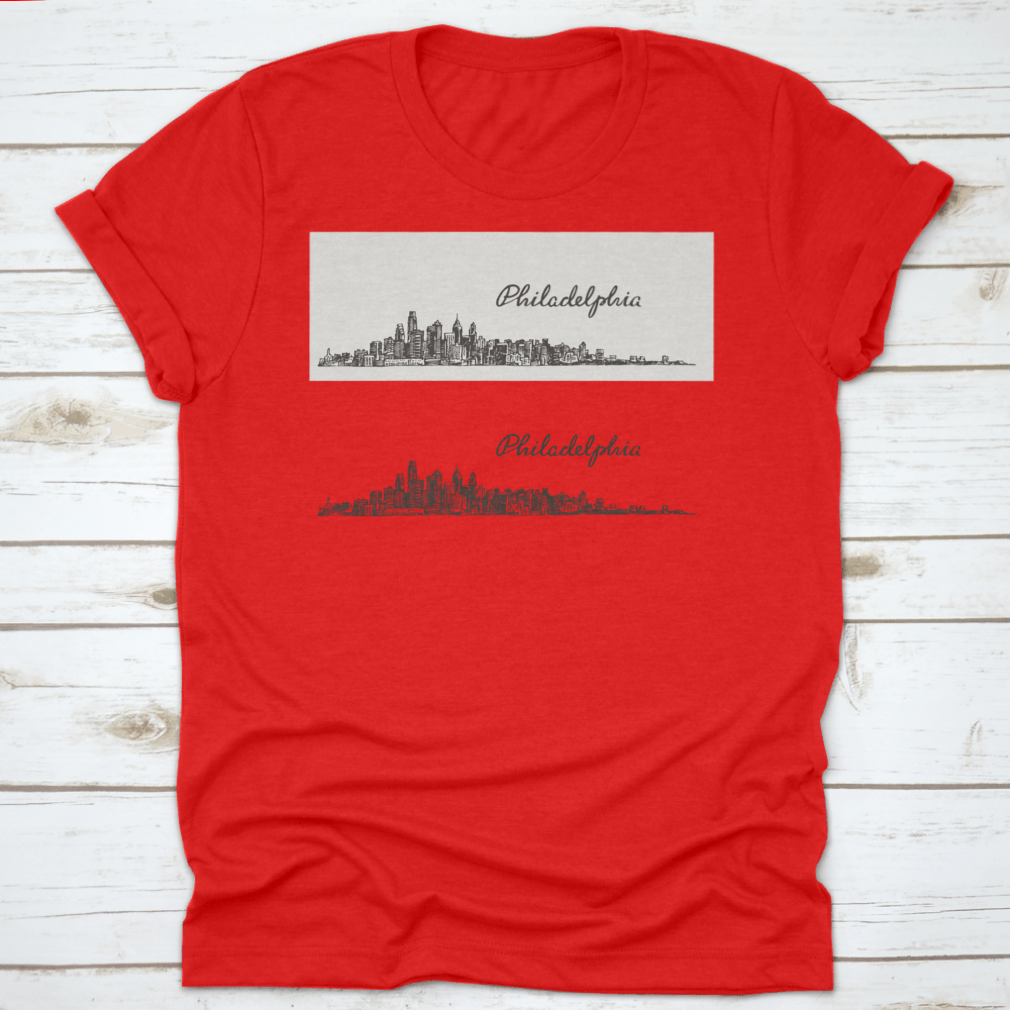 Vintage engraved vector design of the Philadelphia skyline showcasing iconic architecture.