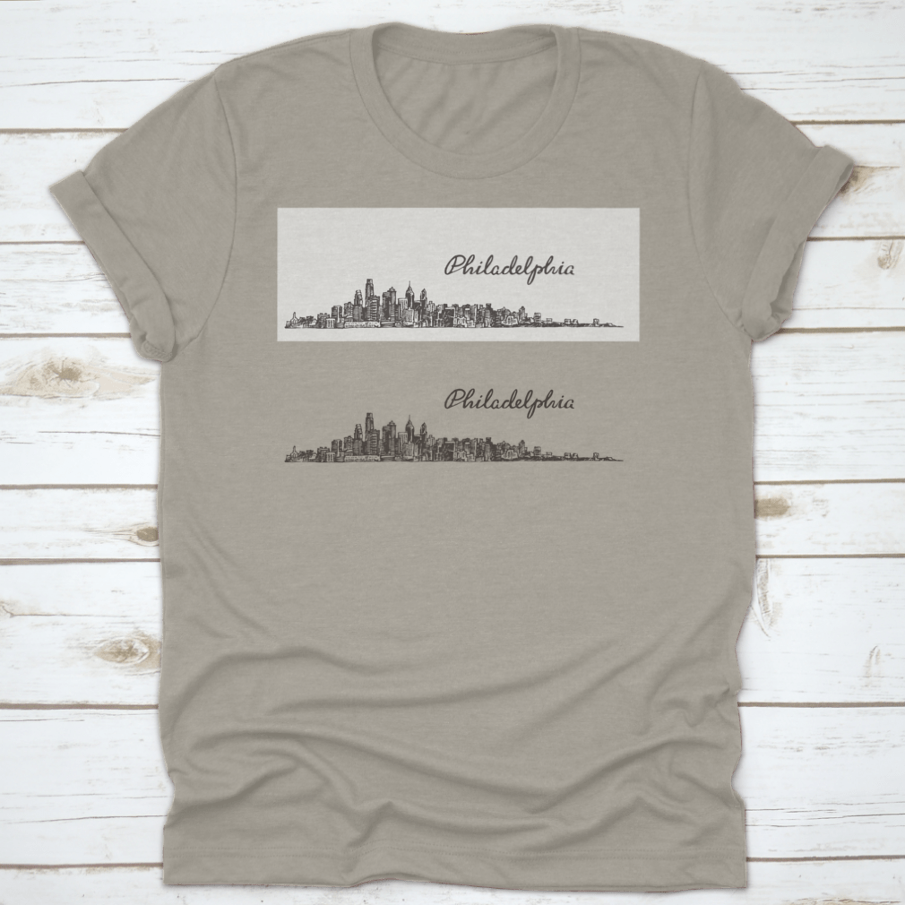 Vintage engraved vector design of the Philadelphia skyline showcasing iconic architecture.