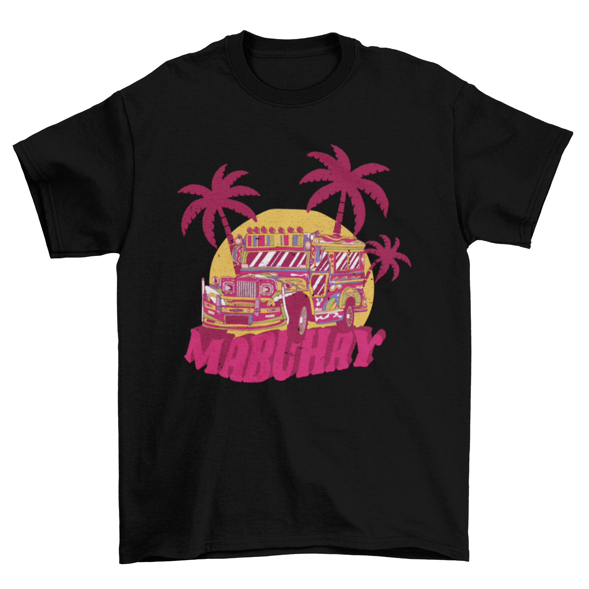 Philippines bus t-shirt featuring a colorful bus design and 'Mabuhay' caption, perfect for celebrating Filipino culture.