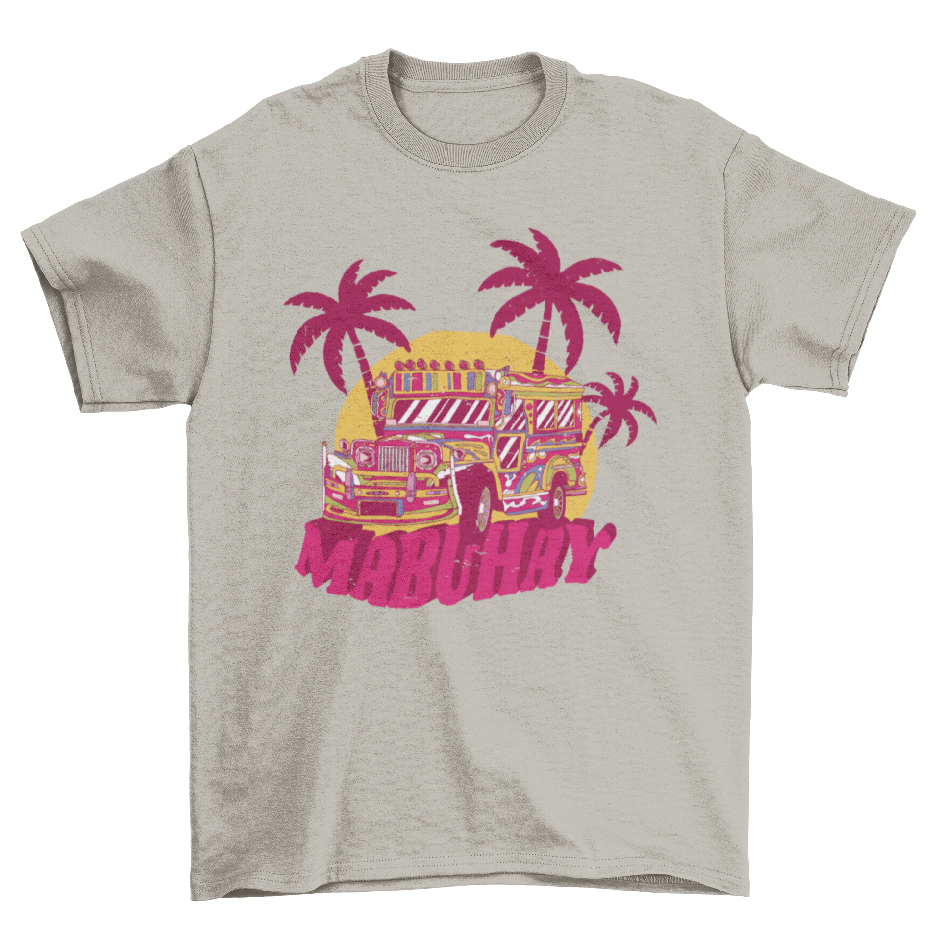 Philippines bus t-shirt featuring a colorful bus design and 'Mabuhay' caption, perfect for celebrating Filipino culture.