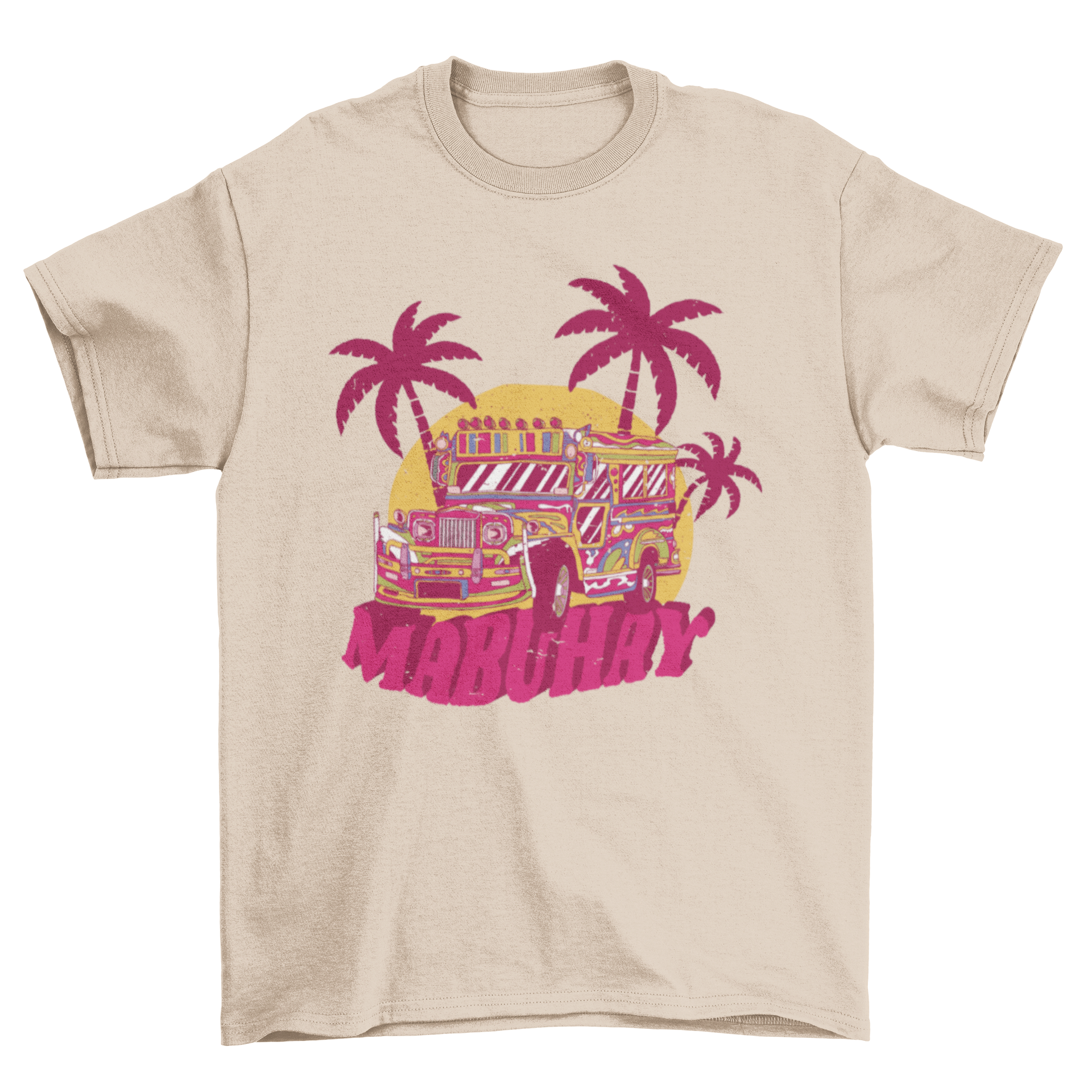 Philippines bus t-shirt featuring a colorful bus design and 'Mabuhay' caption, perfect for celebrating Filipino culture.