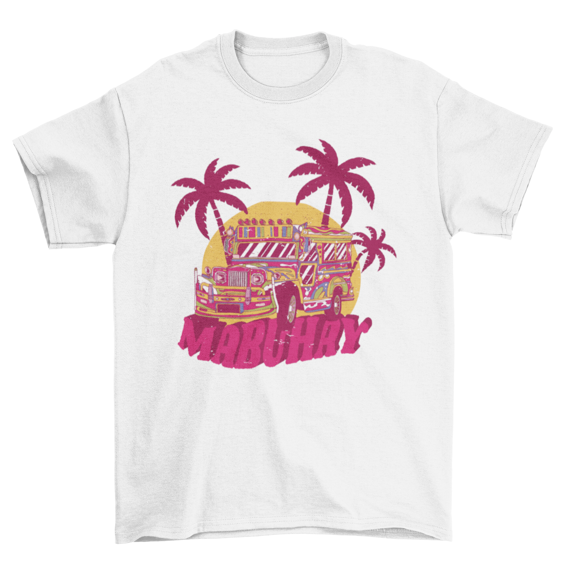 Philippines bus t-shirt featuring a colorful bus design and 'Mabuhay' caption, perfect for celebrating Filipino culture.