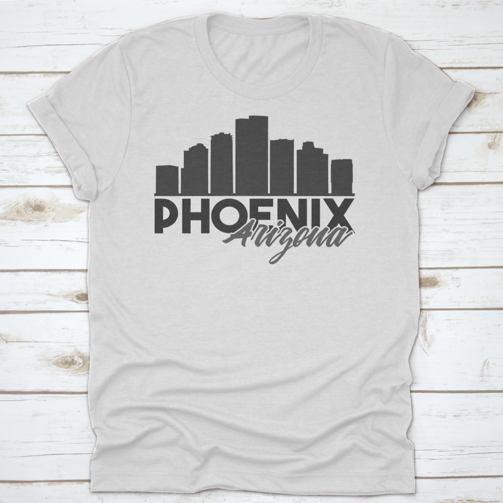 A stylish t-shirt featuring the Phoenix Arizona skyline in a vibrant vector art design, perfect for travel enthusiasts.