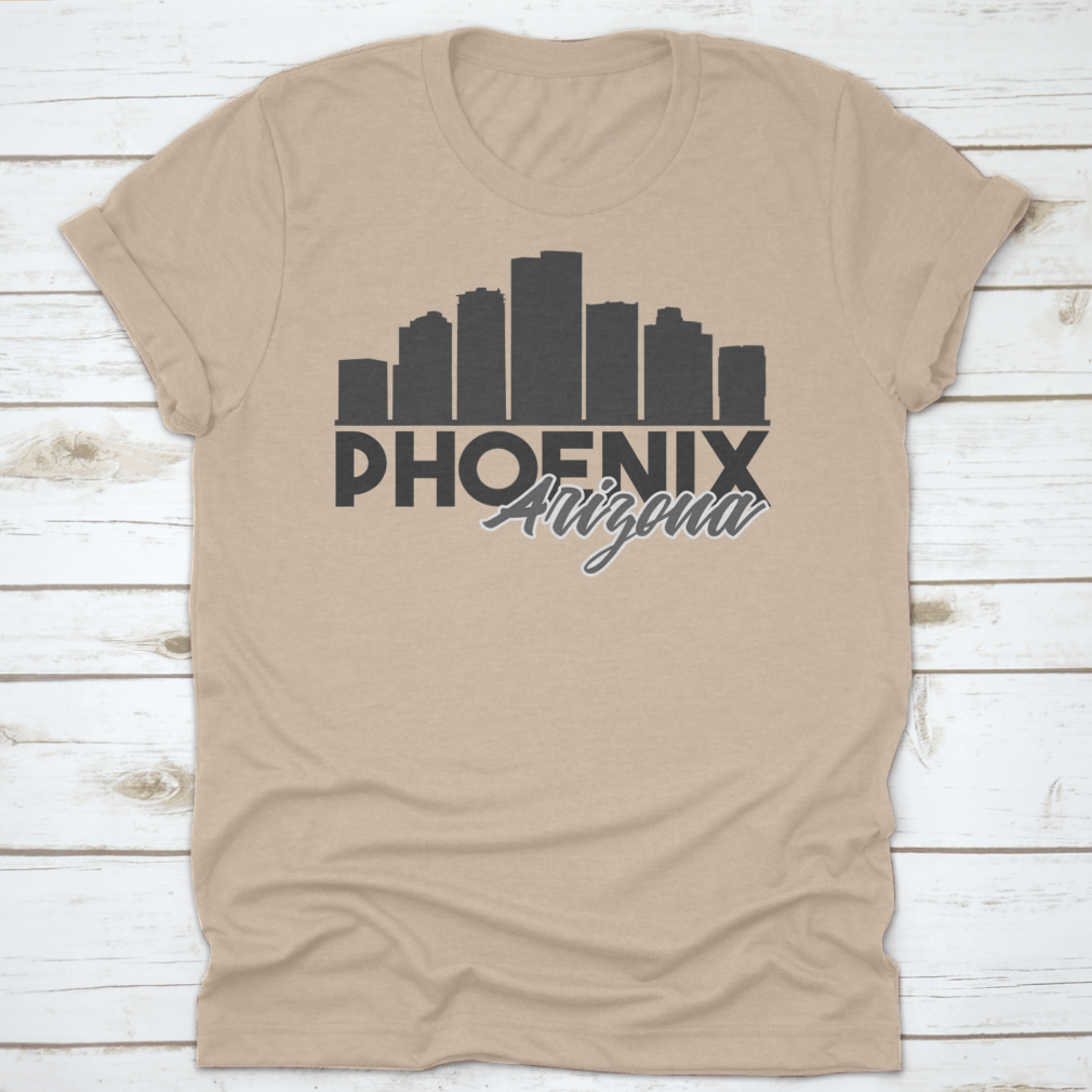 A stylish t-shirt featuring the Phoenix Arizona skyline in a vibrant vector art design, perfect for travel enthusiasts.