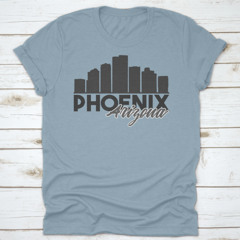 A stylish t-shirt featuring the Phoenix Arizona skyline in a vibrant vector art design, perfect for travel enthusiasts.