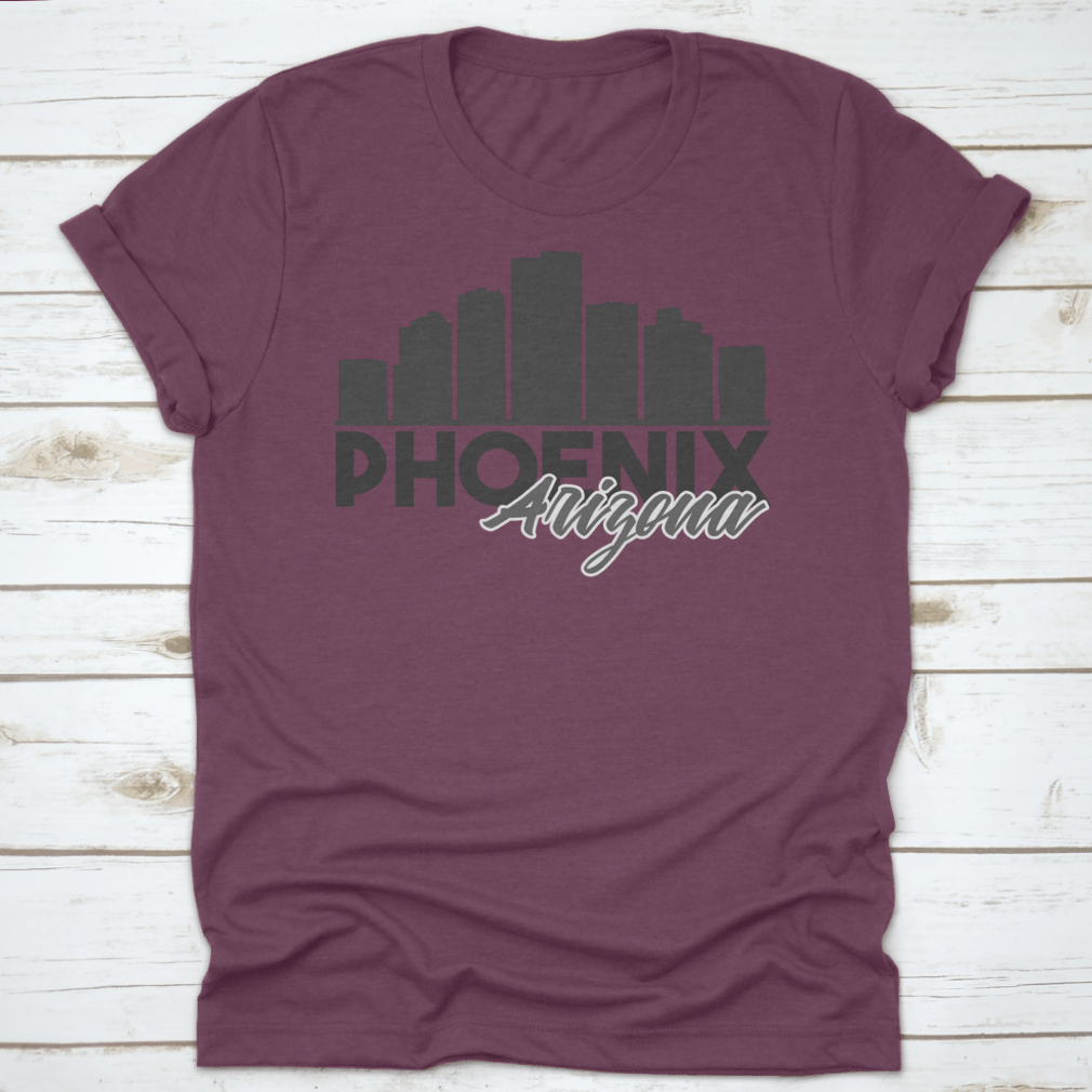 A stylish t-shirt featuring the Phoenix Arizona skyline in a vibrant vector art design, perfect for travel enthusiasts.