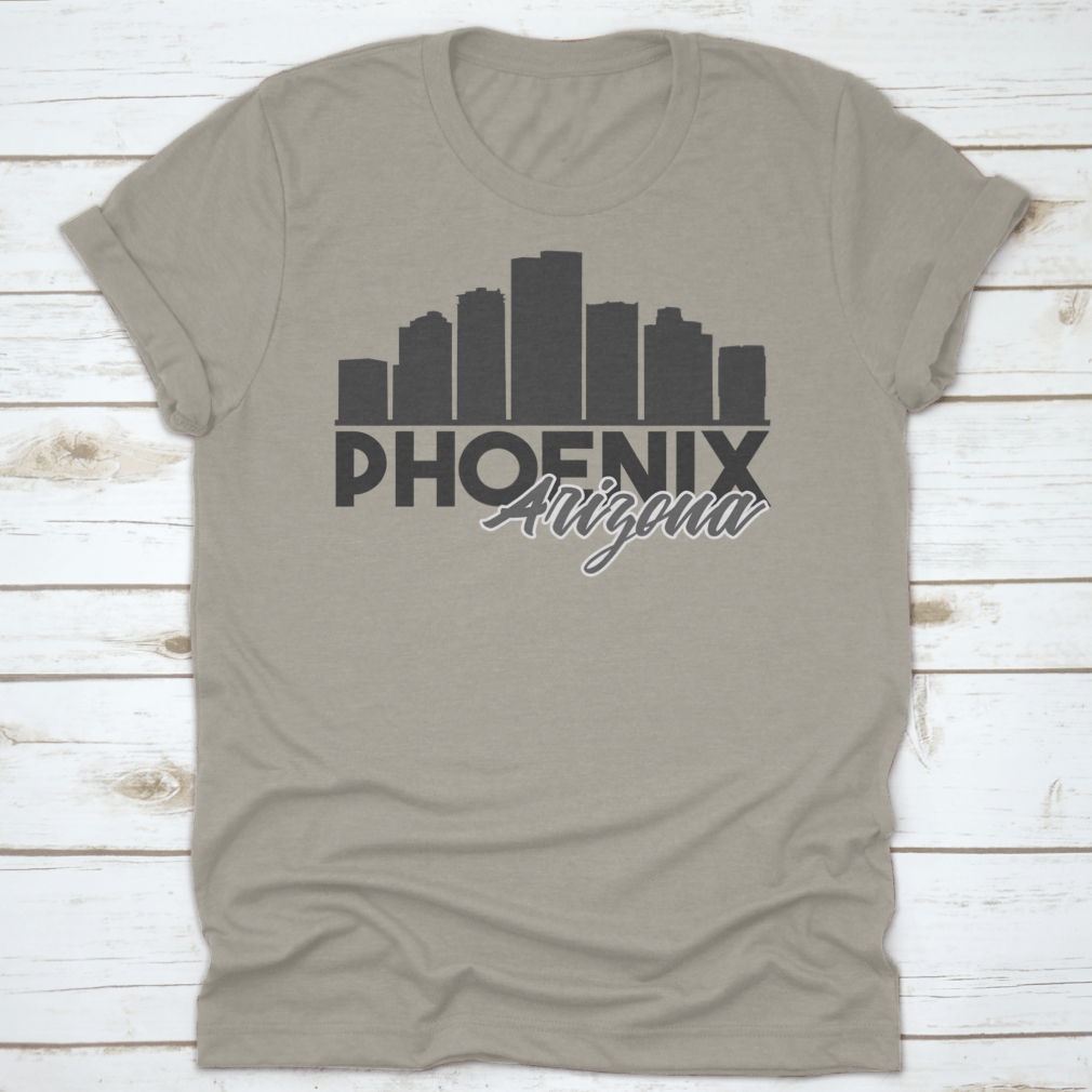 A stylish t-shirt featuring the Phoenix Arizona skyline in a vibrant vector art design, perfect for travel enthusiasts.