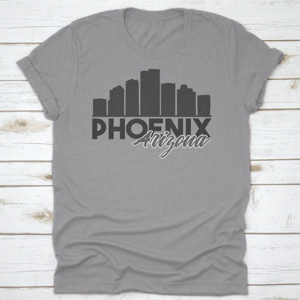 A stylish t-shirt featuring the Phoenix Arizona skyline in a vibrant vector art design, perfect for travel enthusiasts.