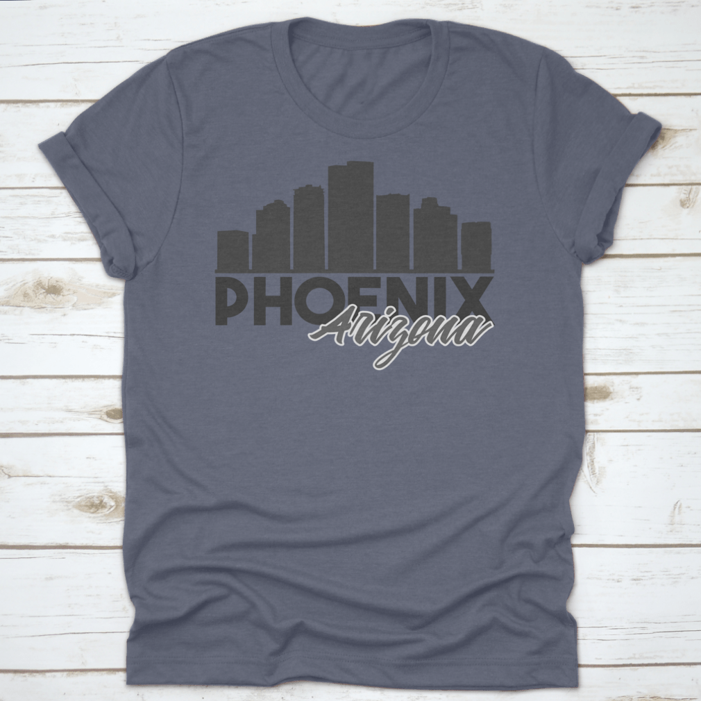 A stylish t-shirt featuring the Phoenix Arizona skyline in a vibrant vector art design, perfect for travel enthusiasts.