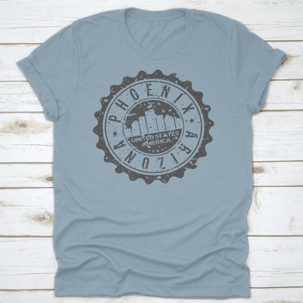 Phoenix Arizona Travel Stamp Icon design on a cotton shirt, showcasing a vibrant city seal for tourism.