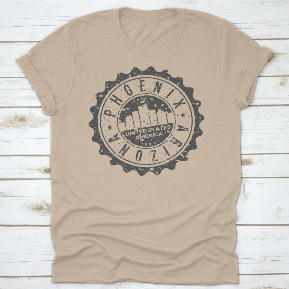 Phoenix Arizona Travel Stamp Icon design on a cotton shirt, showcasing a vibrant city seal for tourism.