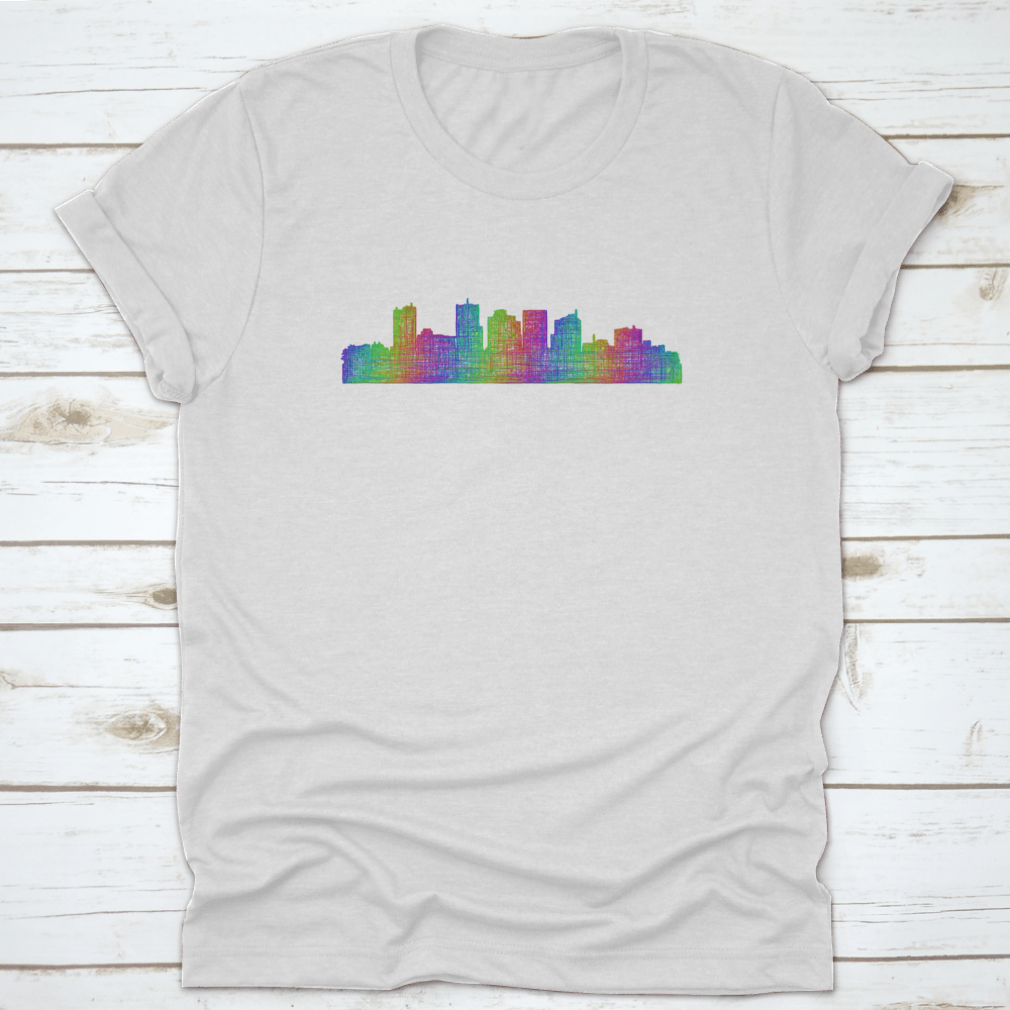 Multicolor line art illustration of the Phoenix City Skyline silhouette, showcasing iconic buildings and vibrant colors.