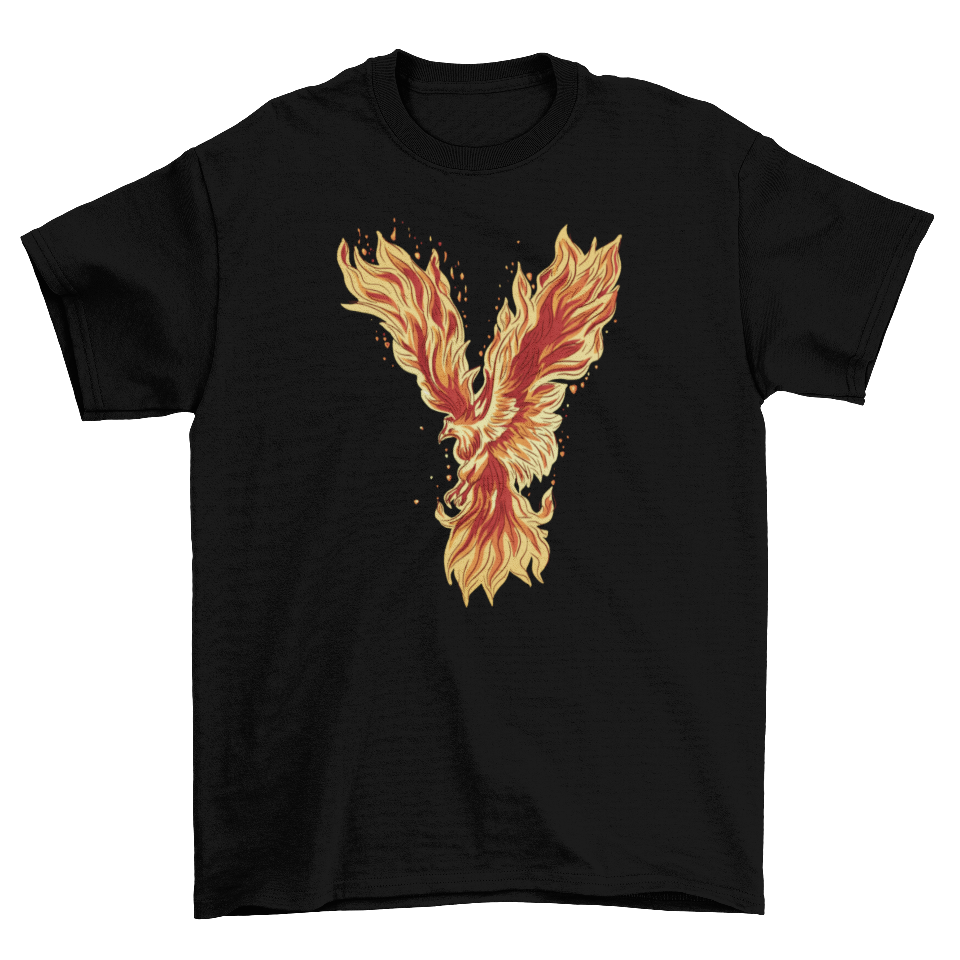 A vibrant t-shirt featuring a detailed illustration of a phoenix flying with colorful wings.