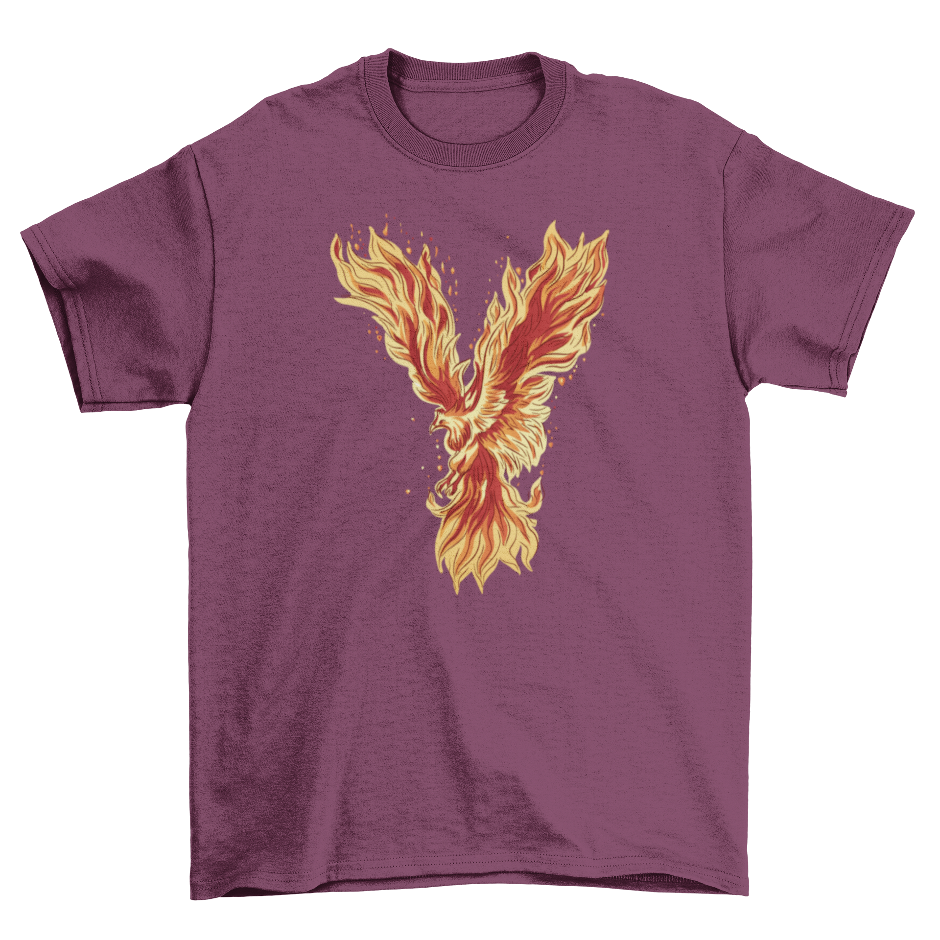 A vibrant t-shirt featuring a detailed illustration of a phoenix flying with colorful wings.