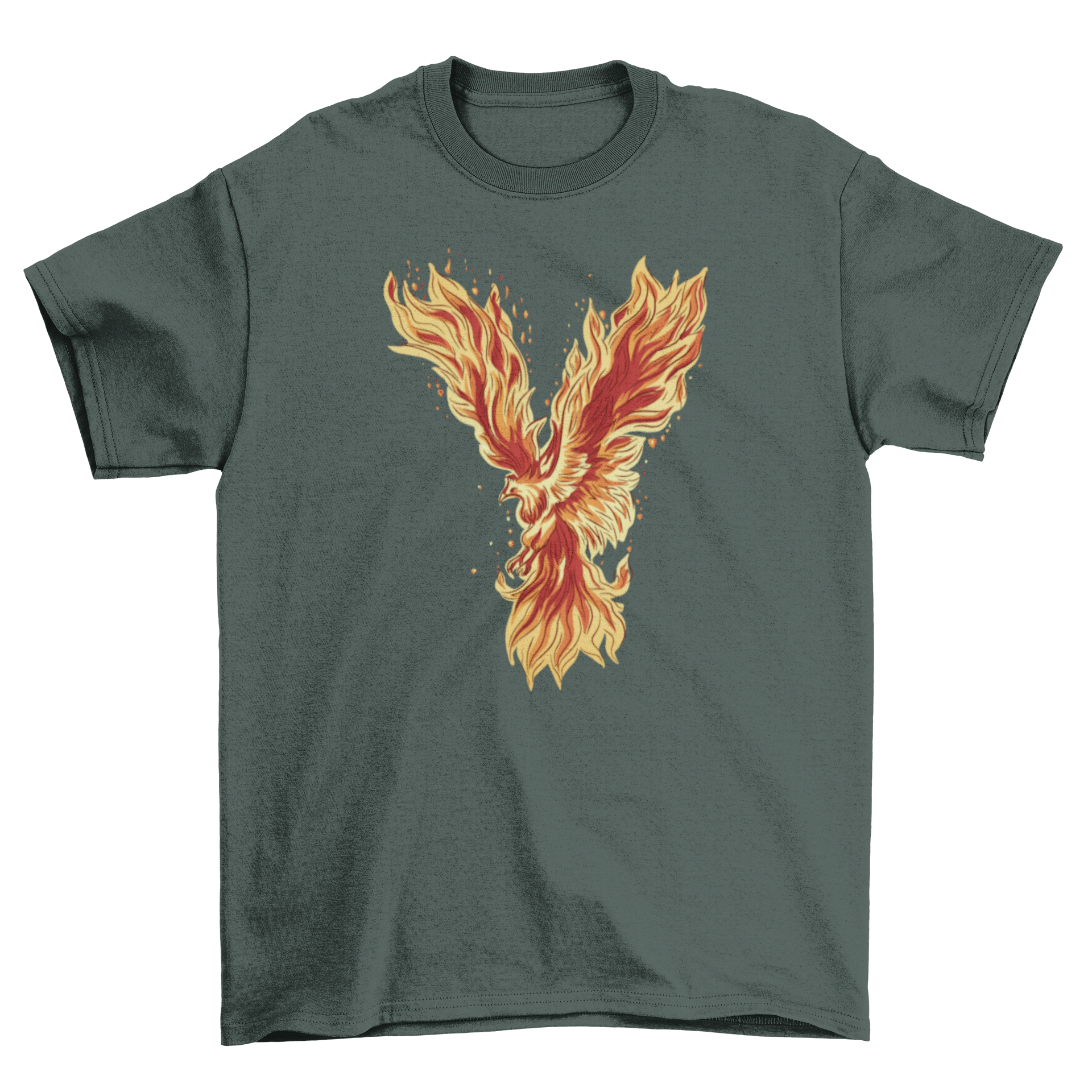 A vibrant t-shirt featuring a detailed illustration of a phoenix flying with colorful wings.