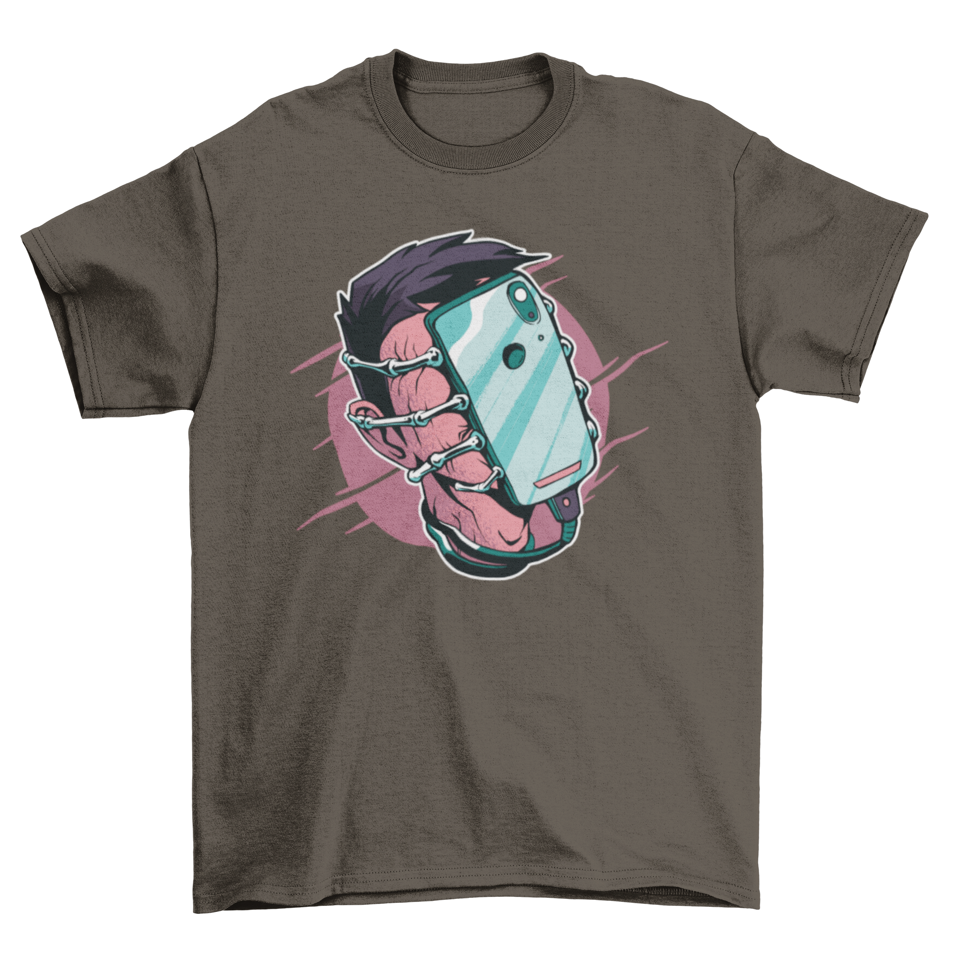 A Phone Facehugger T-shirt featuring a graphic of a phone facehugger attacking a man, showcasing a unique and humorous design.