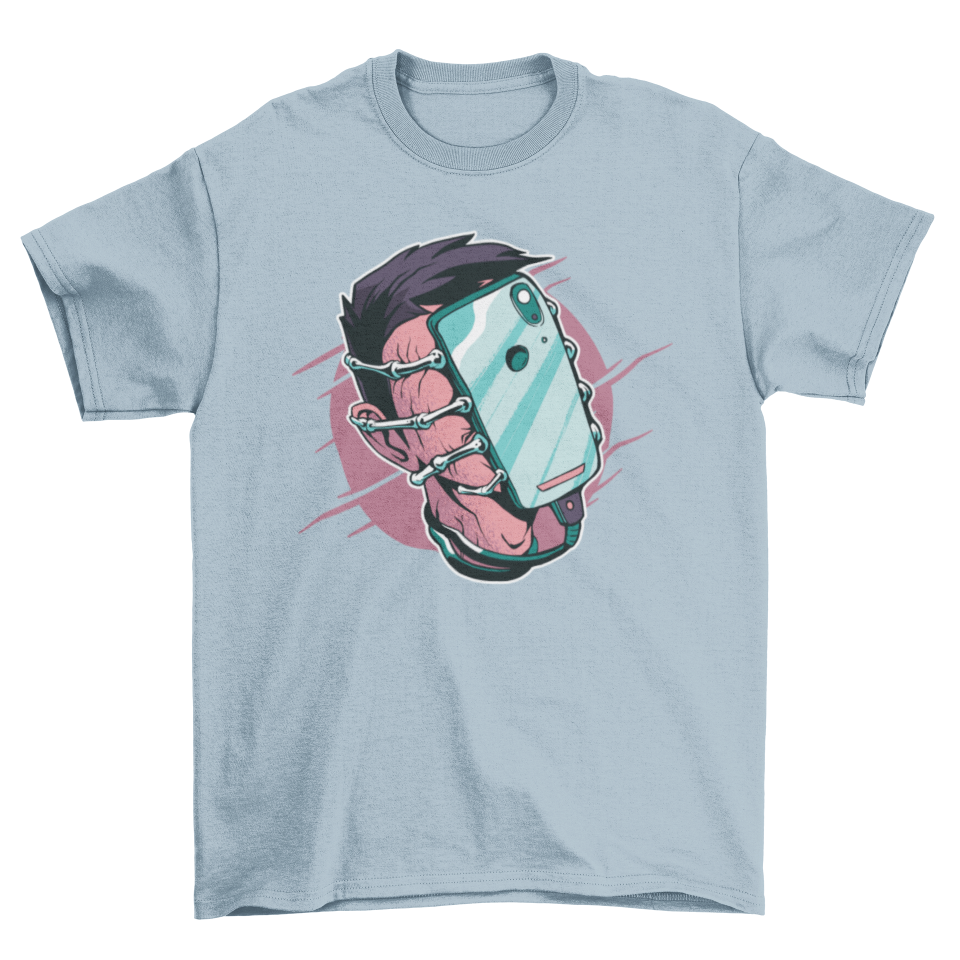 A Phone Facehugger T-shirt featuring a graphic of a phone facehugger attacking a man, showcasing a unique and humorous design.