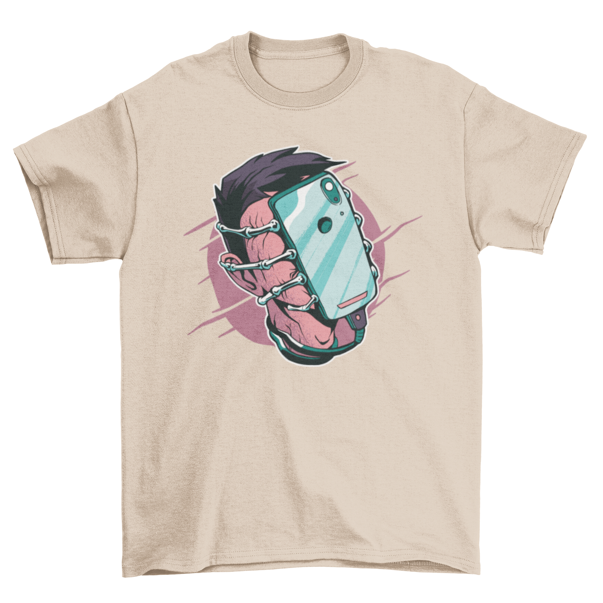 A Phone Facehugger T-shirt featuring a graphic of a phone facehugger attacking a man, showcasing a unique and humorous design.