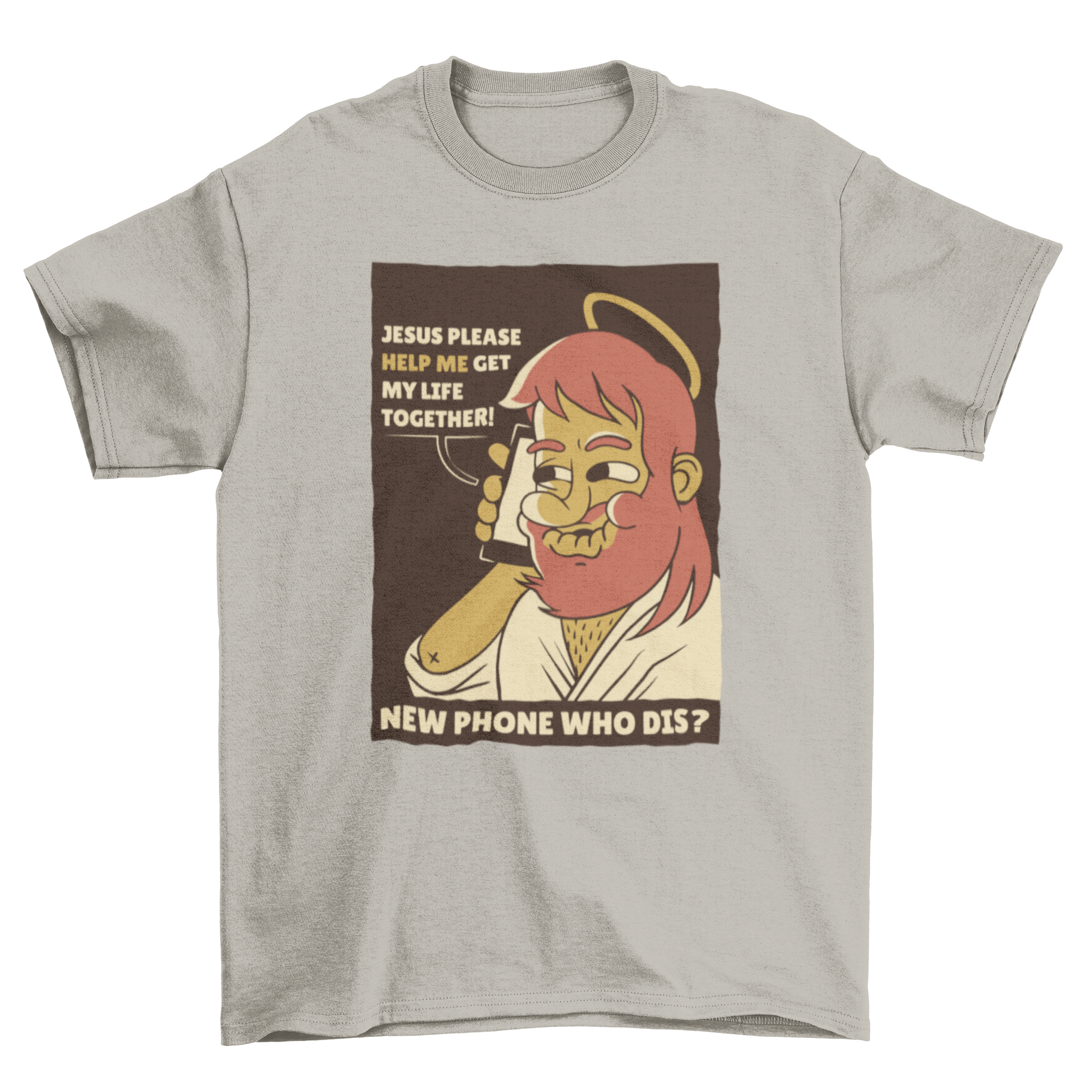 A Phone Jesus T-shirt featuring a cartoon Jesus answering a phone call with humorous text.