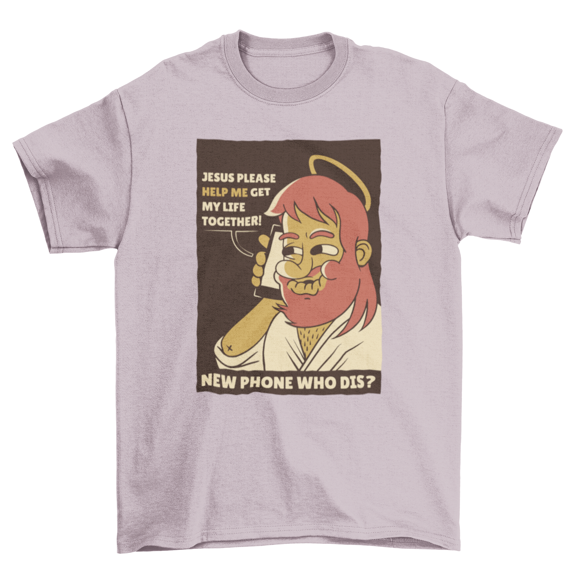 A Phone Jesus T-shirt featuring a cartoon Jesus answering a phone call with humorous text.