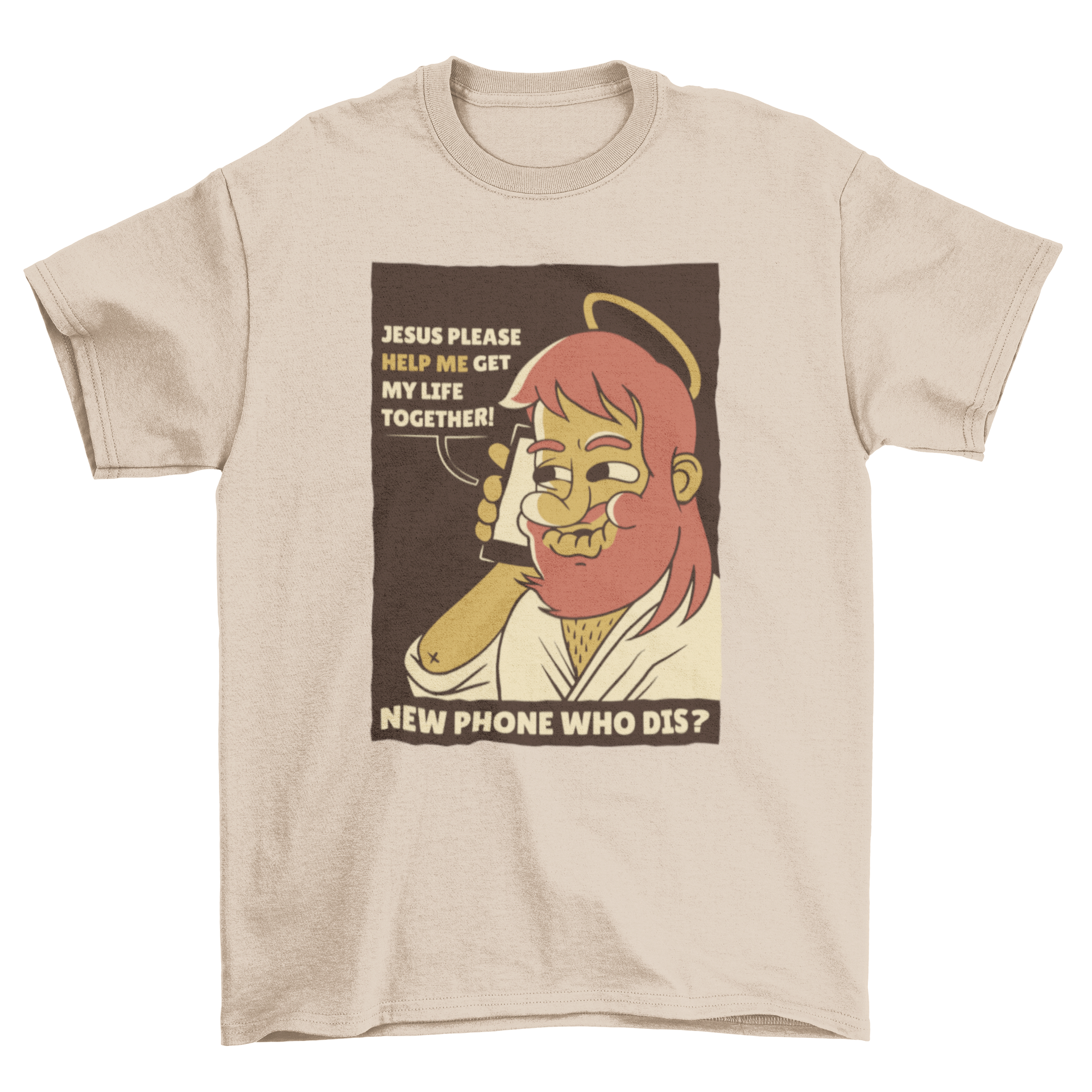 A Phone Jesus T-shirt featuring a cartoon Jesus answering a phone call with humorous text.