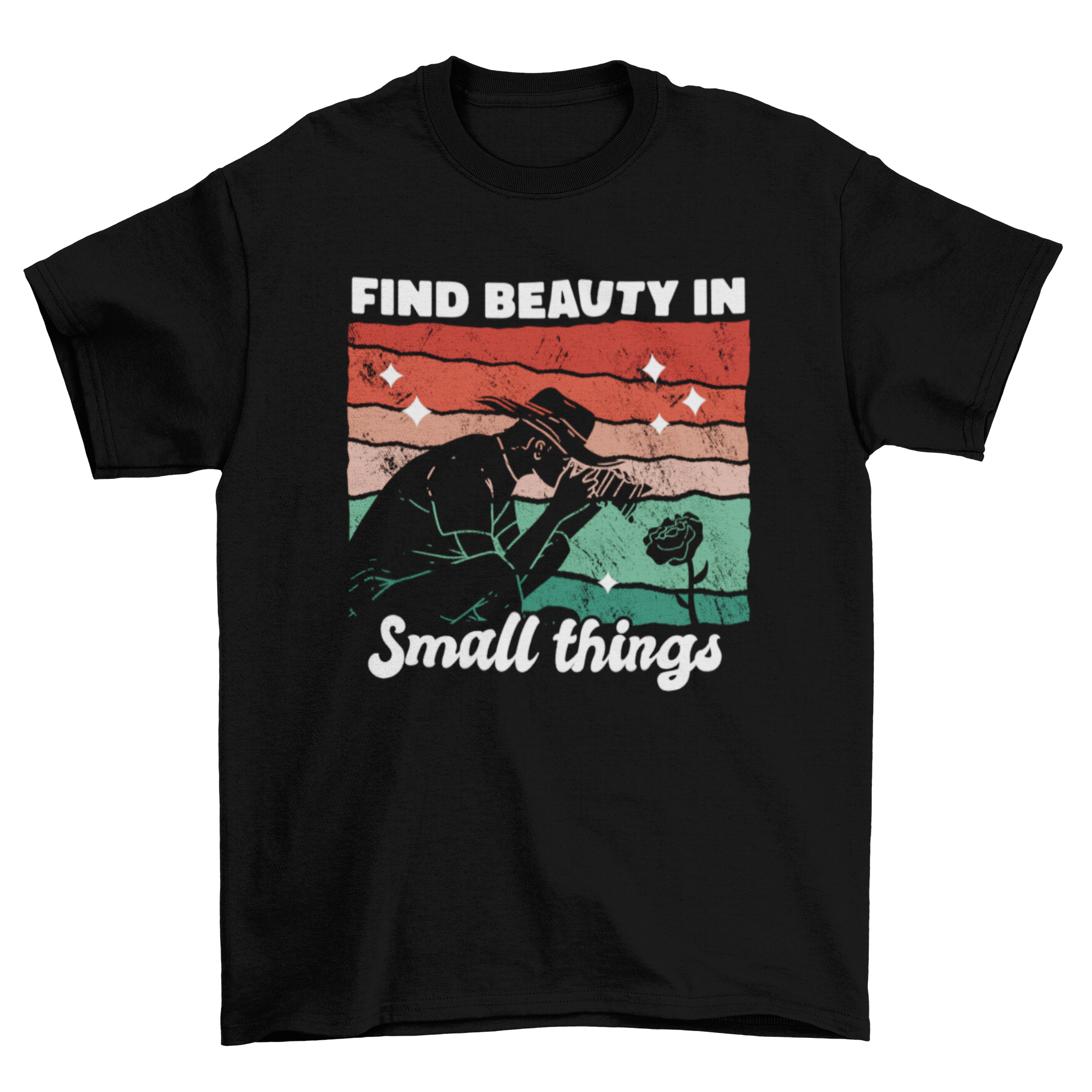 A stylish retro t-shirt featuring a man photographing a rose with the quote 'Find beauty in small things'.