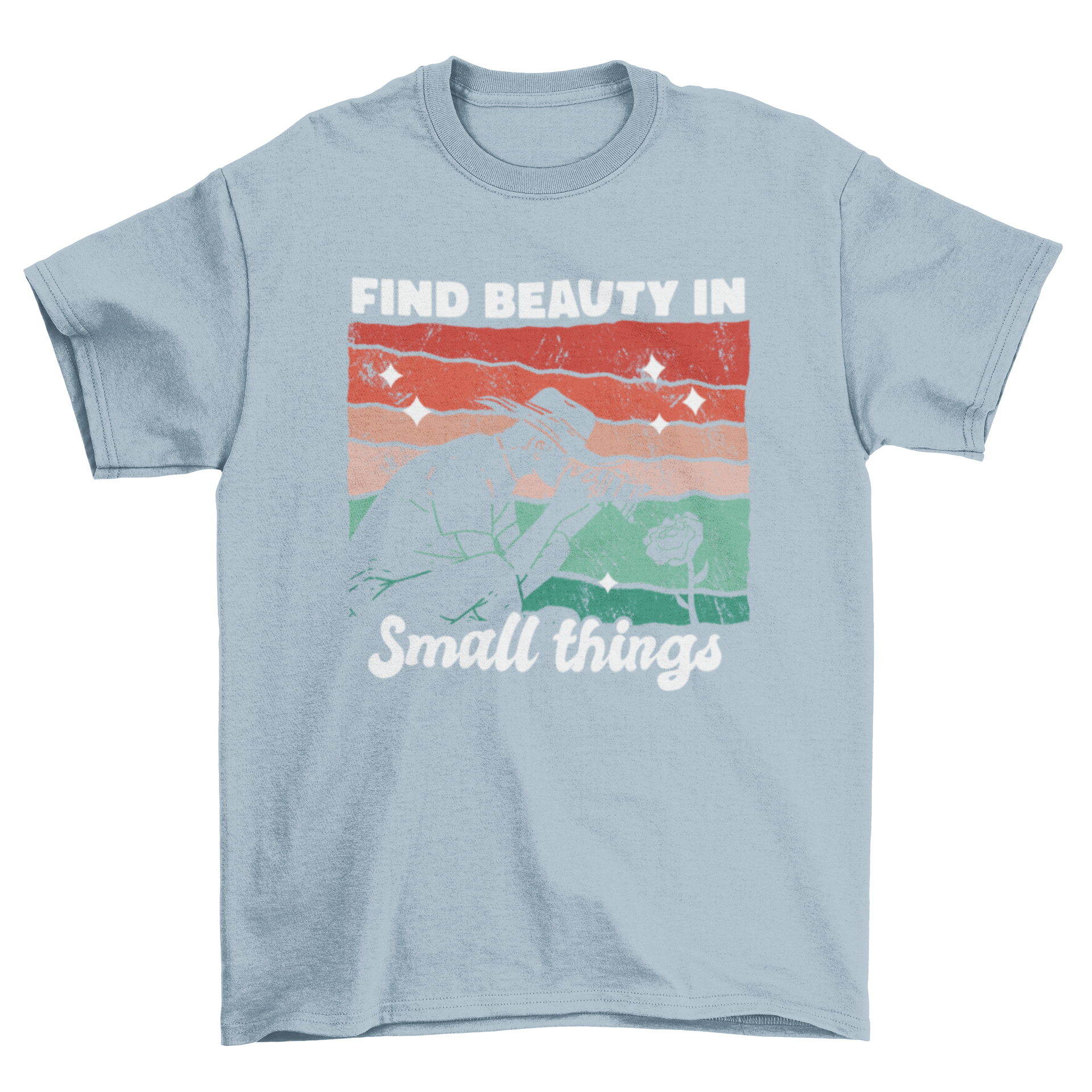 A stylish retro t-shirt featuring a man photographing a rose with the quote 'Find beauty in small things'.