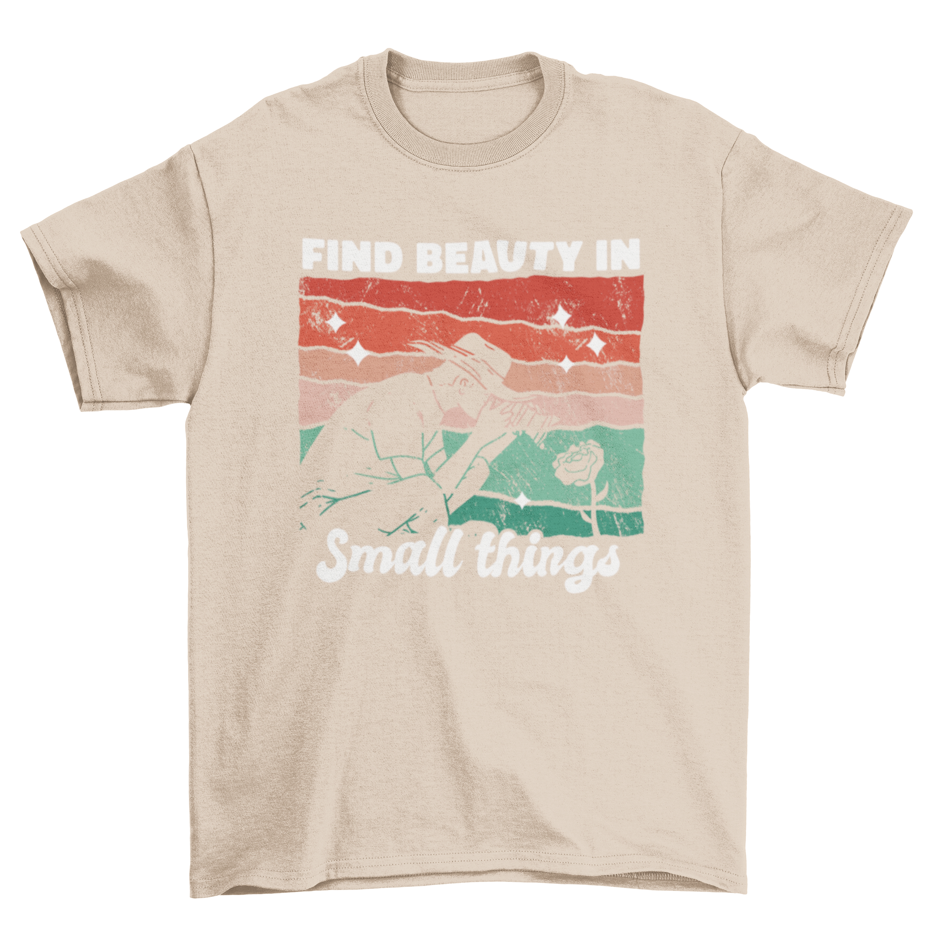 A stylish retro t-shirt featuring a man photographing a rose with the quote 'Find beauty in small things'.