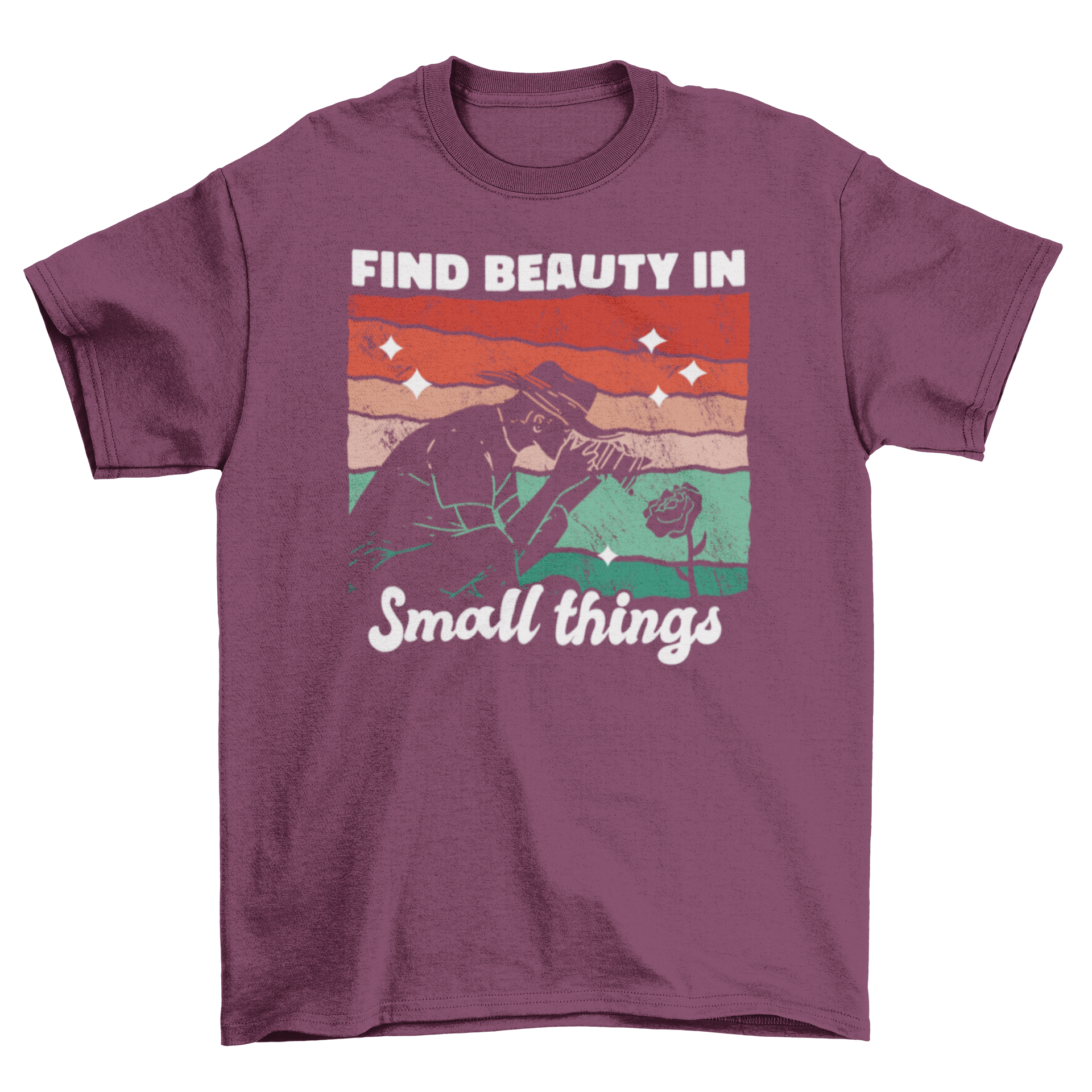 A stylish retro t-shirt featuring a man photographing a rose with the quote 'Find beauty in small things'.