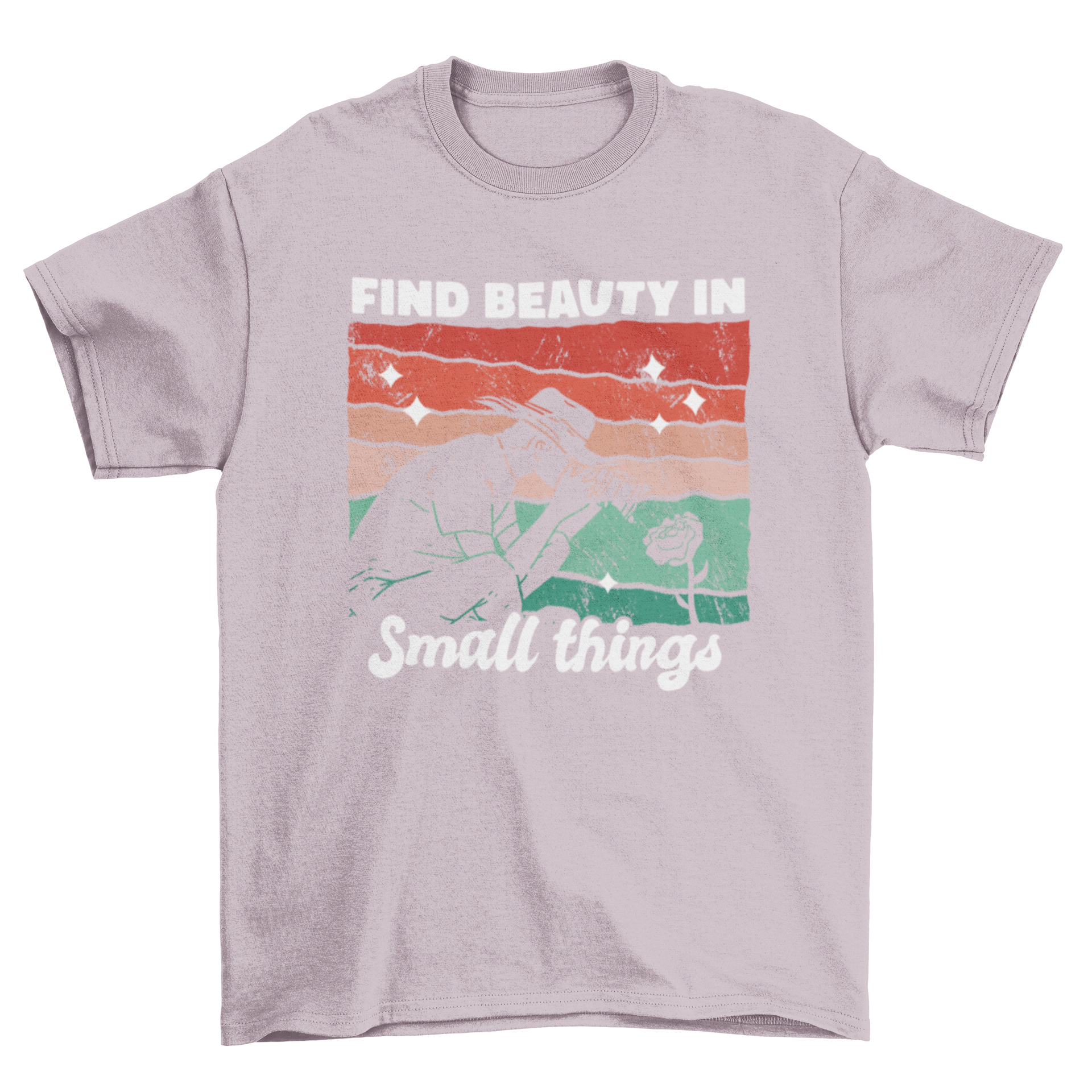 A stylish retro t-shirt featuring a man photographing a rose with the quote 'Find beauty in small things'.