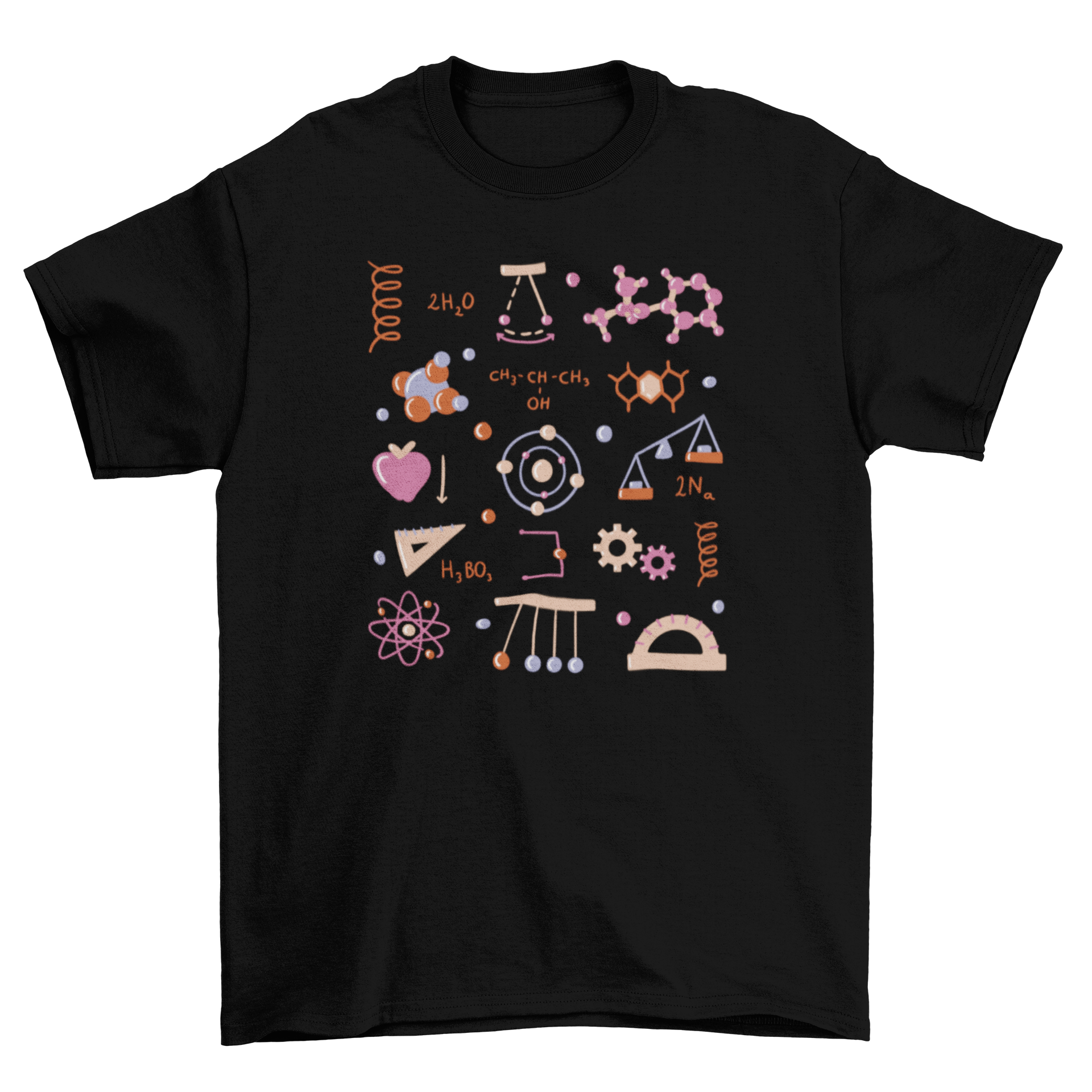 A stylish t-shirt featuring multiple physics elements design, perfect for science enthusiasts.