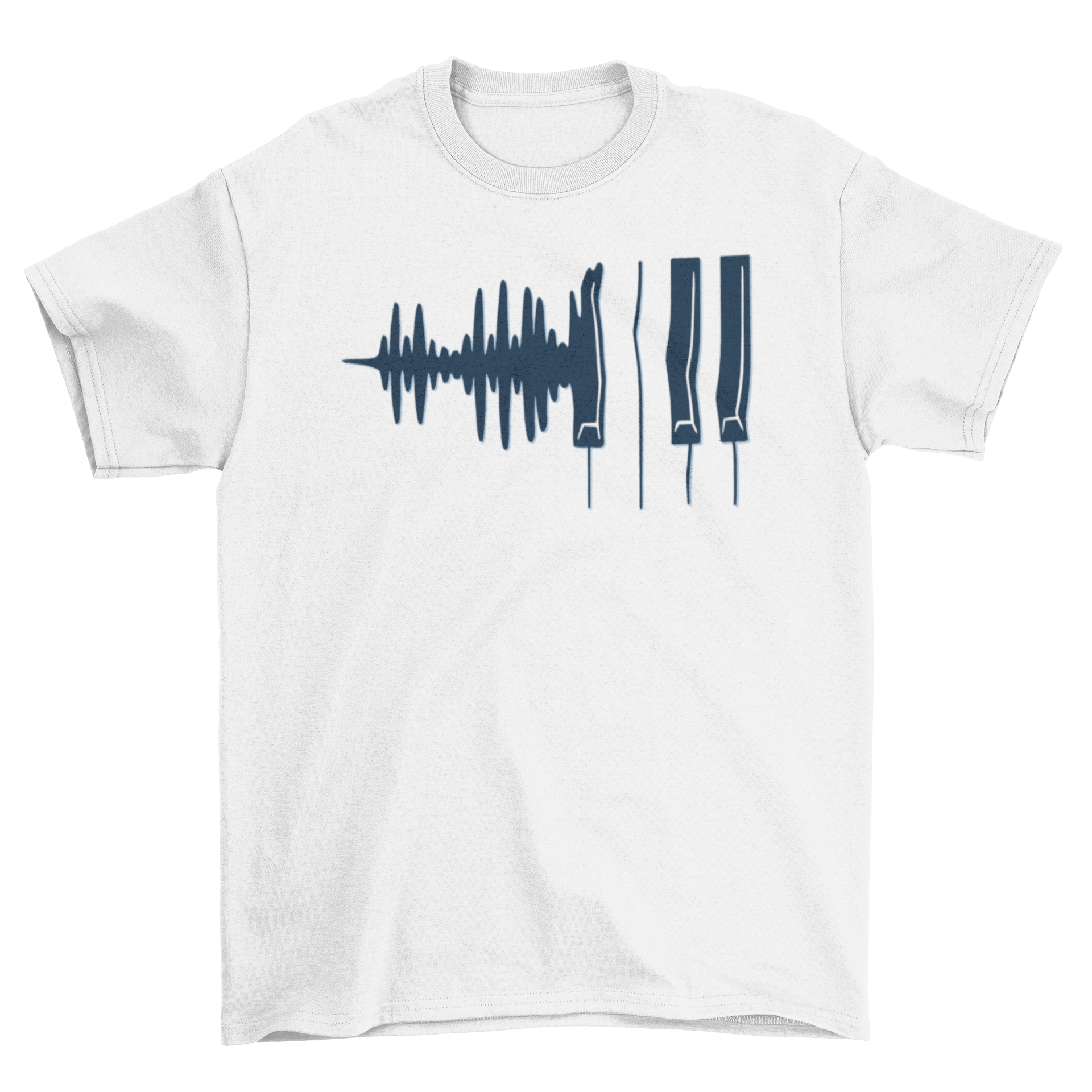 A stylish T-shirt featuring a creative design of soundwaves transforming into piano keys, perfect for music enthusiasts.