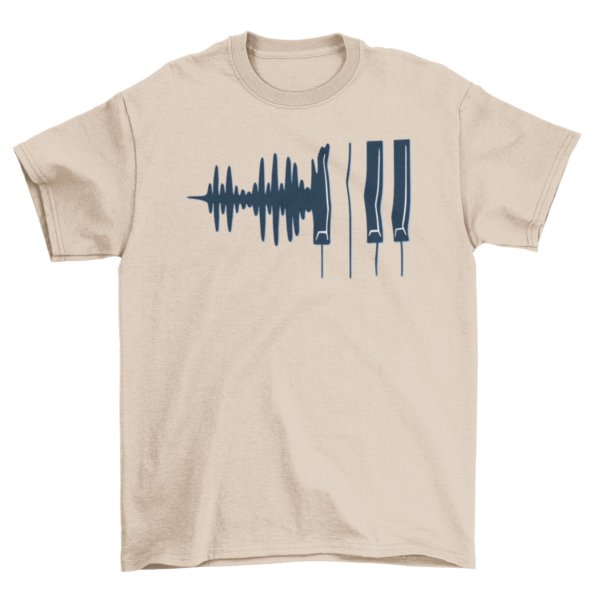 A stylish T-shirt featuring a creative design of soundwaves transforming into piano keys, perfect for music enthusiasts.